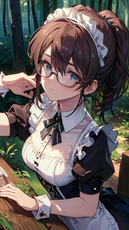 (((  best quality , 8k,   Masterpiece : 1.3)), (  Details),  perfect face,, Mullet, Rimless Eyewear, Art Deco,  Backlight ,  ultra high resolution with forest background, textured skin,  best quality, 8k, Accurate, White collar, British style maid, Maid Costume