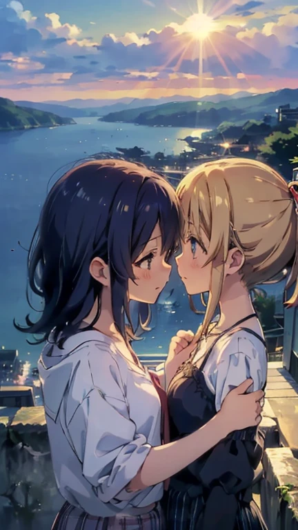  two girls、キスをしている two girls、Hill with a view of the sea、The sun goes down