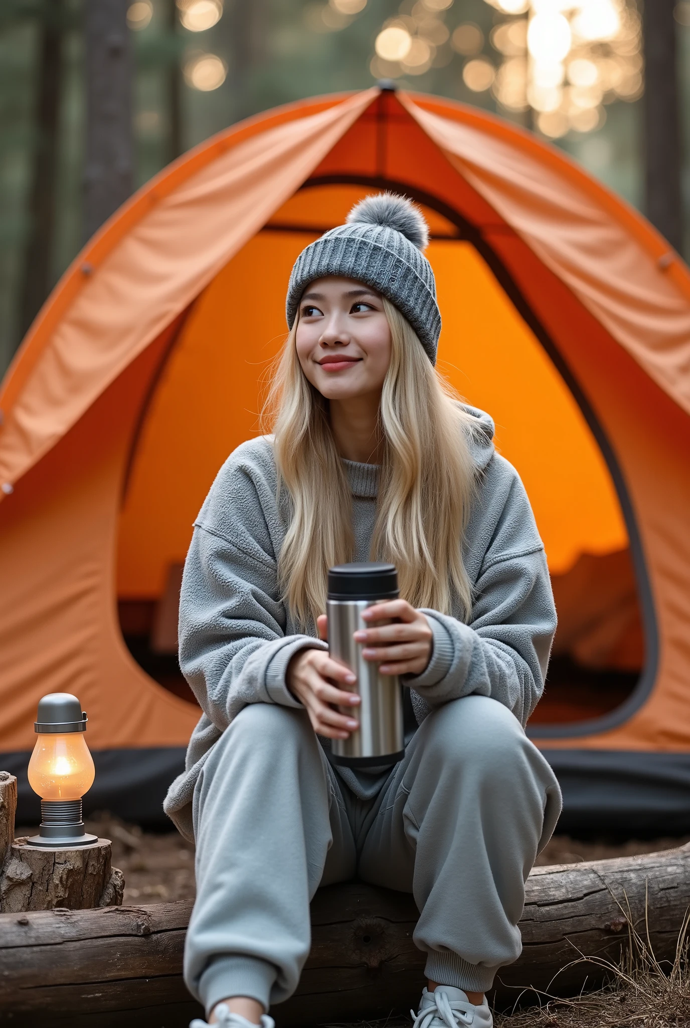 A professional outdoor photography of a beautiful young blond woman camping the wood; Asian woman; she wearing an fleece jacket, sweatpants and gray wool hat; she sitting outside of her orange tent on a wood log; she holding a thermos; a light-up camping lantern next to her; winter season; cozy atmosphere; sunset; sunset light; back lighting; depth of field; intricate detailed