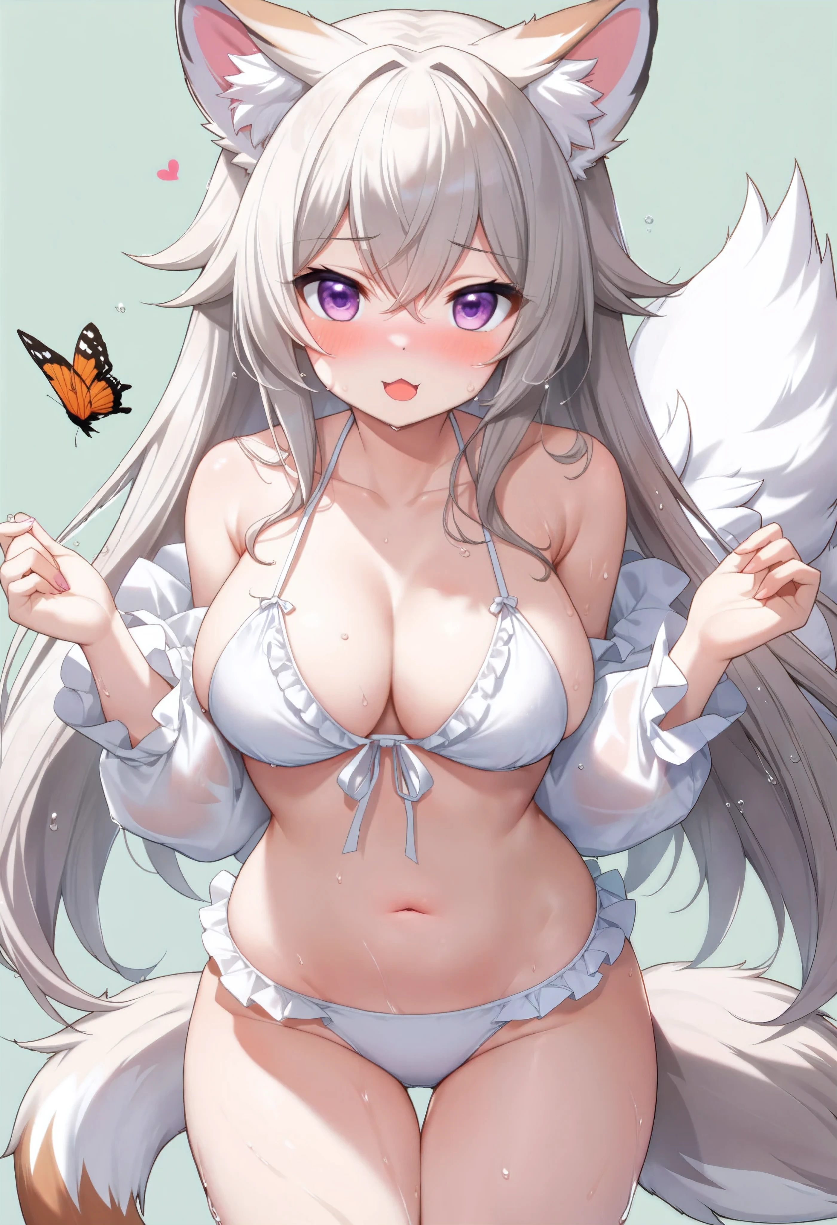  score_9,  score_8_up,  score_7_up,  score_6_up,  score_5_up,  score_4_up,  source_Anime,  best quality, masterpiece, 1 female, ( Wore a Furry , kemono:1.5), squirrel, chest,  swimsuit,  animal ears , bikini, Alone, Tail, white bikini, large chest, belly button,  long hair,  Official Alternative Costume, Thighs,  look at the viewers, animal ear fluff, Animal tails, Grey Hair, stomach, Bare shoulders,  open lips, Frills,  blue eyes, frilled bikini, , sideboob, hand up,  butterfly , Female animal , underwear,  off-shoulder , Purple Eyes, bug, Whitetail,  clevis, very  long hair,  front tie top, Open the clothes,  Long Sleeve , narrow, A detailed digital illustration of an Anime female with white wings and a pale pink body. Women are long, Wavy Grey Hair , and  blue eyes, The background is pale blue, Whitish.,  Out-of-frame censorship , puffy  Long Sleeve ,  puff sleeve , simple background, Wet, Wet clothes, evaluation_Explicit,