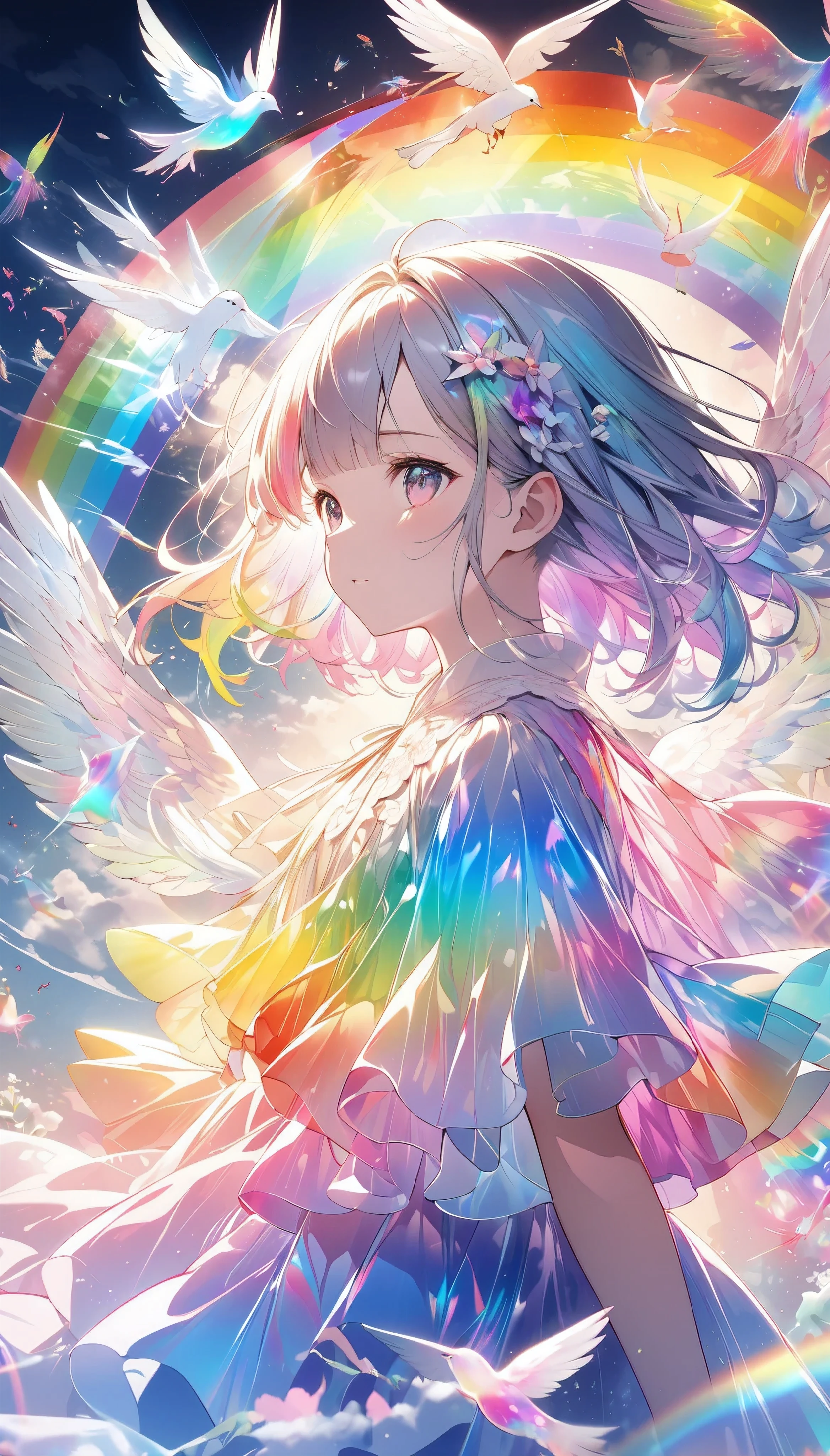 1人の女の子, solo, \ キャラクター "アトラス" ハロウィンバージョン.\, A highly detailed and vibrant illustration of a translucent, iridescent rainbow, with layers of transparent, luminous overlays, creating a surreal and aesthetically powerful expression through multiple exposures, Mysterious and angelic atmosphere, ARW, 