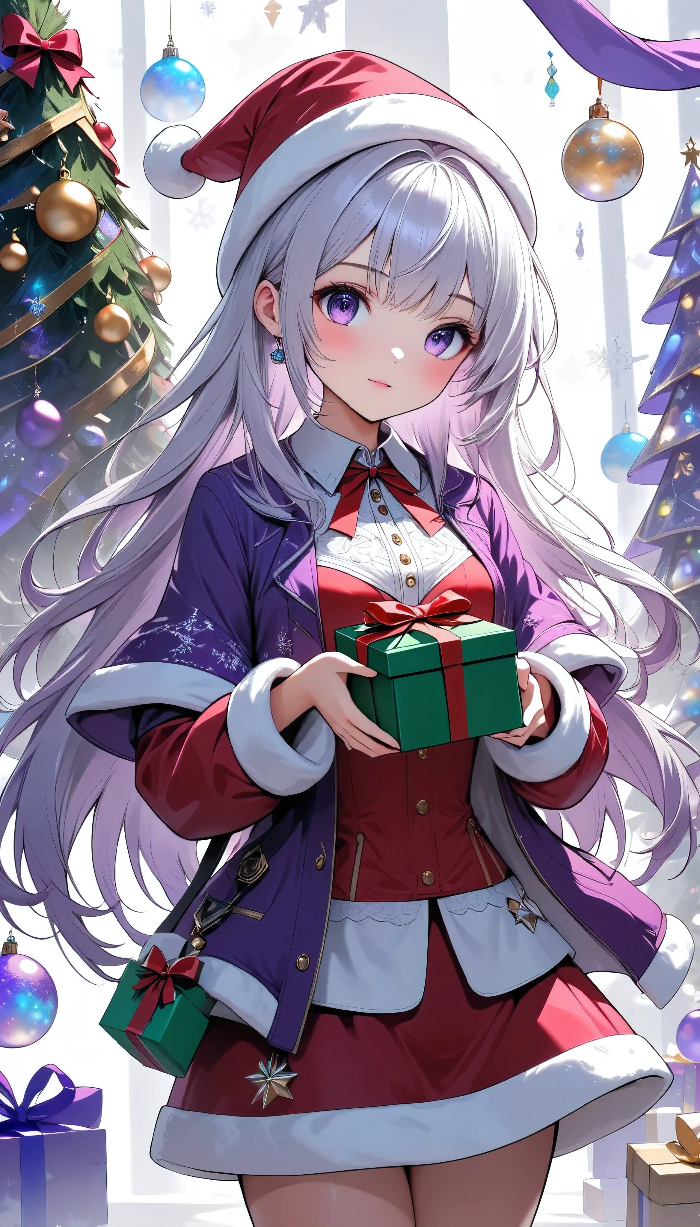 (masterpiece,   best quality:1.2),   1 girl, Alone, \ Characters " Atlas"\,   Santa Girl , Handing you a present  , Add a cute charm  ,   Christmas tree adds color ,   transparent purple overlay  , Rough,  Intricate character design , bshp 