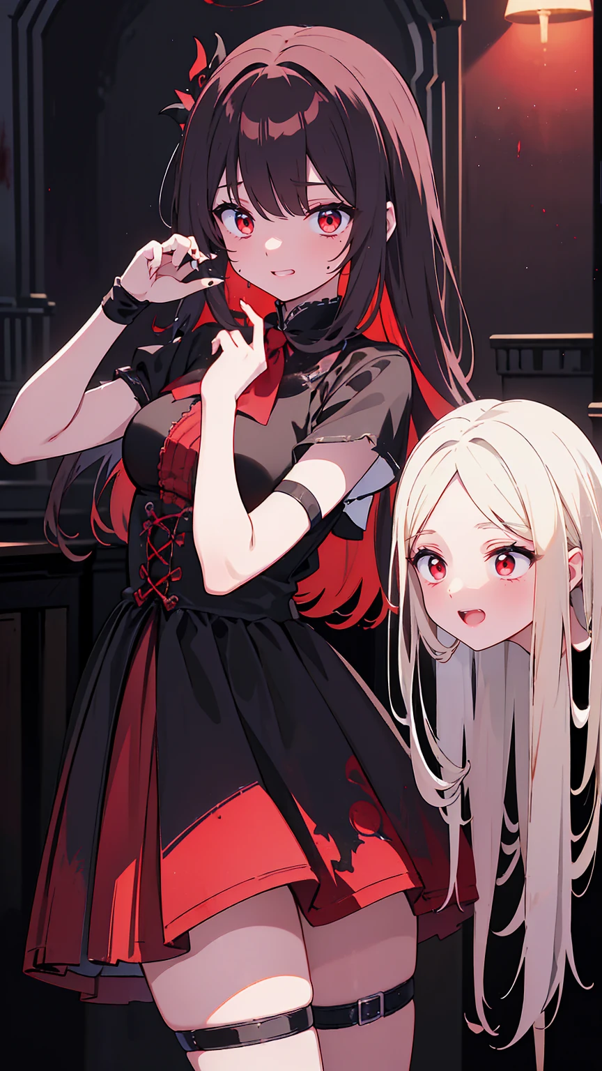 Shaded face　、beautiful girl、とてもcute天使、Pink T-Shirt、cute、baby face、Smile、Long Skirt、Black long bootS、.(HigheSt quality,4K,High reSolution,maSterpiece:1.2), very detailed,RealiStic:1.37, Spooky altar background ,Dark fantaSy,Red color Scheme,OminouS atmoSphere,Eye-catching,story,anatomy,Anime Style, concept art,beautiful細部までこだわった顔と (((Red eyeS ))),A terrifying ritual ,Satan's Ritual ,Premature death,Inappropriate behavior, Smile ,Scythe Face,Girl Monster, beautiful, Delicate facial featureS,  sharp eye, Sharp fangs, pale Skin, Dark Background,  movie lighting, Dramatic ShadowS, Gothic Style, Gloomy atmoSphere, Dark fantaSy, one person&#39;S, PleaSe open your mouth wide, Open your mouth and peel your fangs ,Sharp teeth like a beaSt, Wide lipS, Very big mouth, Vermilion cheekS, ,(Blood Splatter:1.4),Scary Smile, Smile,Angel DeSign, TwiSted Smile、Bloody、Head bleeding,,,,,、Blood Splatter、,(Blood Splatter:1.4),Skull,Devil&#39;s Spear,Horror Style, ((FantaSy Sweet Ta Frill Pink CoStume)), (( Flowing blonde hair )), ,(Blood Splatter:1.4),Female curveS, Sexy flat Stomach, Perfect handS, Perfect anime face, (Pink Tata DreSS)), Are Standing, ((Evil smile)), ,(Blood Splatter:1.4), Steam circulateS, Moonlight Illumination, night lighting, (Blood Splatter:1.6),Anime Angel Design, TwiSted Smile、Bloody、Head bleeding,,,,,、Blood Splatter、,(Blood Splatter:1.4), Skull,Gothic architecture、WeStern architecture、FantaSy World、,Victorian citieS, Skeleton GaS Light,Absurd, High reSolution、 (( table top naked underneath the jacket)), ((HigheSt quality)), ( very detailedな), (( very detailed)), (beautiful), ((cute)), (NFSW:1.8), Alone,(:1.6)、(world&#39;The moSt terrifying and creepy demon girl:1.5)beautiful face、 full body Ezbian 、pale, beautiful肌、beautiful金の髪、Smile gently、Dark building ruinS、(Snow white&#39;Frill dreSS:1.3)、(The dark ruinS are Stained with blood:1.3)、Low angle full body Shot、(The girl is standing in a pool of blood:1.5)、(The ground iS :1.3)、(The girl loSt a lot of blood....:1.3)、( Smile :1.6)、SpiritS、( Blood Dripping from Mouth :1.3)、
