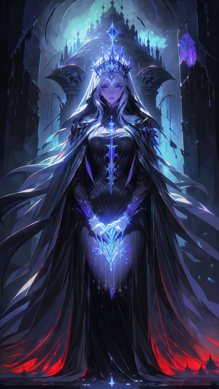 Illustration,  best quality,  1 girl,  Nun with Silver Hair and Bright Blue Eyes , Above Broken Walls  ,  Holding Hands and Praying  , solemn look  ,  Dark Church of Satanic Worship  ,Devil's statue ,  Dark Nun Without Stained Glass  , Candlelight only ,  dark and gloomy atmosphere  ,  Despair and Helplessness  ,  gothic and eerie atmosphere  ,  Dark Nun Clothes Reflecting Shadows 
