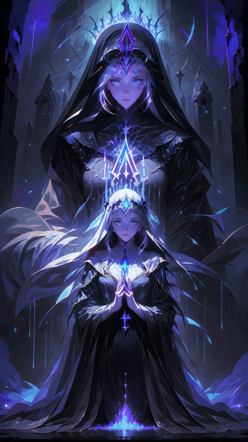 Illustration,  best quality,  1 girl,  Nun with Silver Hair and Bright Blue Eyes , Above Broken Walls  ,  Holding Hands and Praying  , solemn look  ,  Dark Church of Satanic Worship  ,Devil's statue ,  Dark Nun Without Stained Glass  , Candlelight only ,  dark and gloomy atmosphere  ,  Despair and Helplessness  ,  gothic and eerie atmosphere  ,  Dark Nun Clothes Reflecting Shadows 
