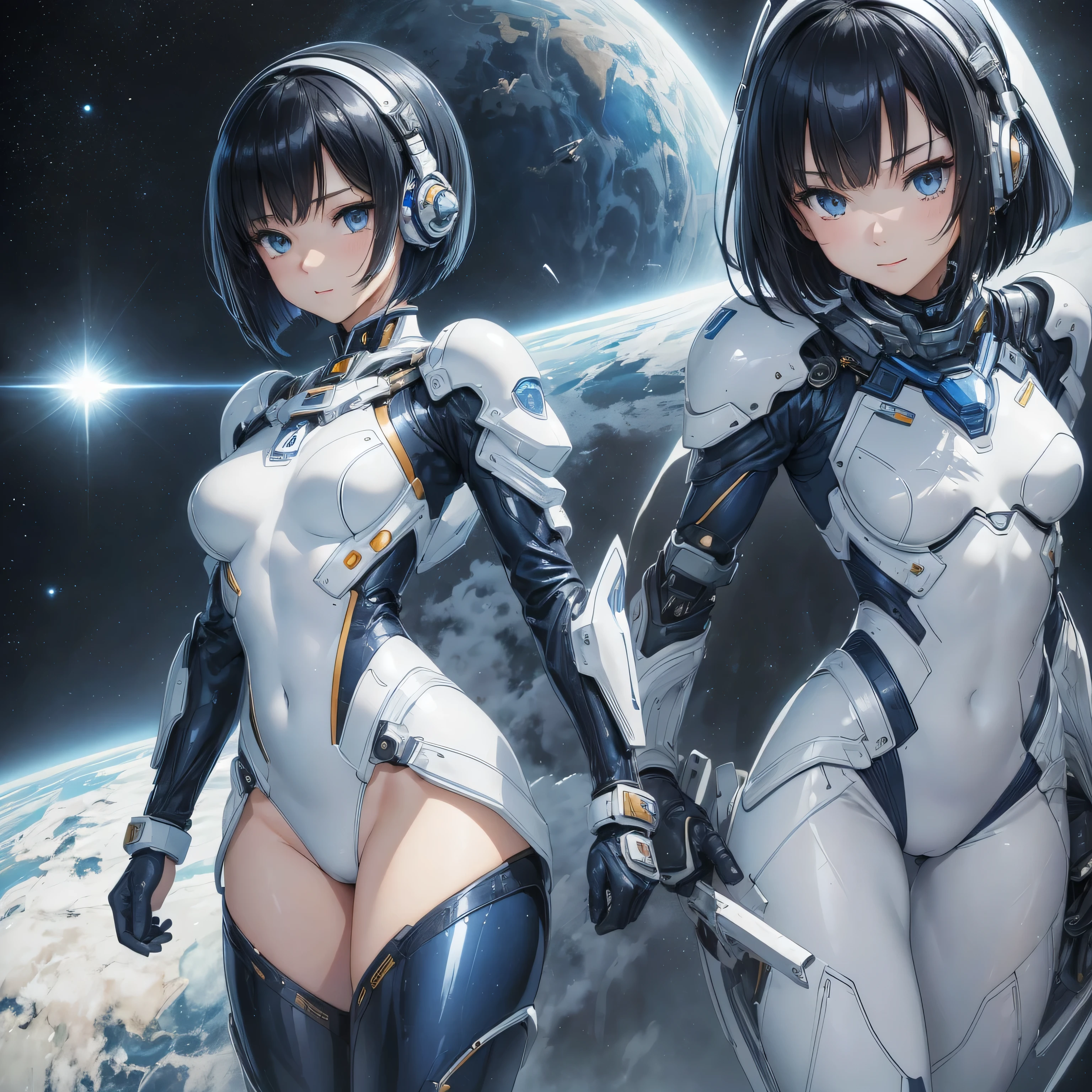 (masterpiece、Highest quality、Highest Resolution、Clear_image、Detailed details): (Whole body、One 20 year old girl、Japanese Faces、Small Face、Slender、Navy blue super short bob cut hair、(Hidden small breasts:1.3)、Sparkling blue eyes、Shiny pilot suit in white, blue and black colors、Chest protection armor、Tight fitting clothes、Clothing that covers the whole body、Glamorous clothes、Tight Fit Pants、Hide your skin、Very delicate and beautiful、Detailed Skin、hide thighs、Hide your ass、Cute、A gentle smile、Soft expression、heroine、headset、Knee-high boots、Elbow-length gloves、Eye Level Shot、Peace talks between warring factions,attention arousal, smart blue eyes,Face directly、Woman on a spaceship)