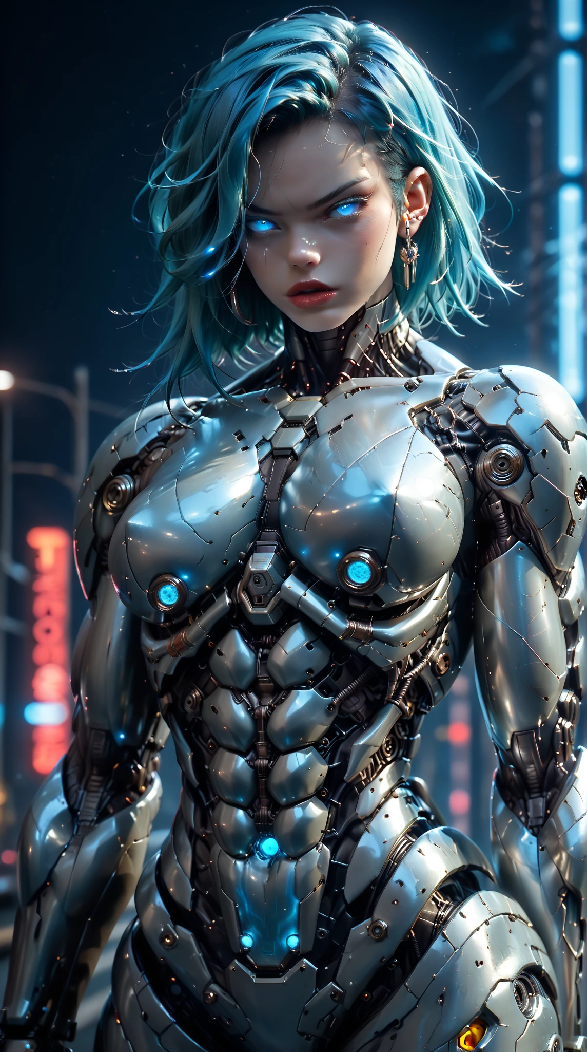 score_9, score_8_up, score_7_up,beautiful teenage muscular goth cyborg girl, (black sclera:1.25), (blue glowing eyes:1.25), (blue glowing body veins:1.25),(((muscular bodybuilder physique:1.45))), ((((extreme muscular hypertrophy:1.25)))), (flat muscular pecs:1.25), (full Cyborg bio-mecha exosuit:1.5), ((skinny thin legs:1.25), (blue glowing hair:1.25),(beautiful face:1.25), bimbo lips, cowboy shot, gothic neon style, cyber punk style, zPDXLxxx, zPDXL3, zPDXLrl