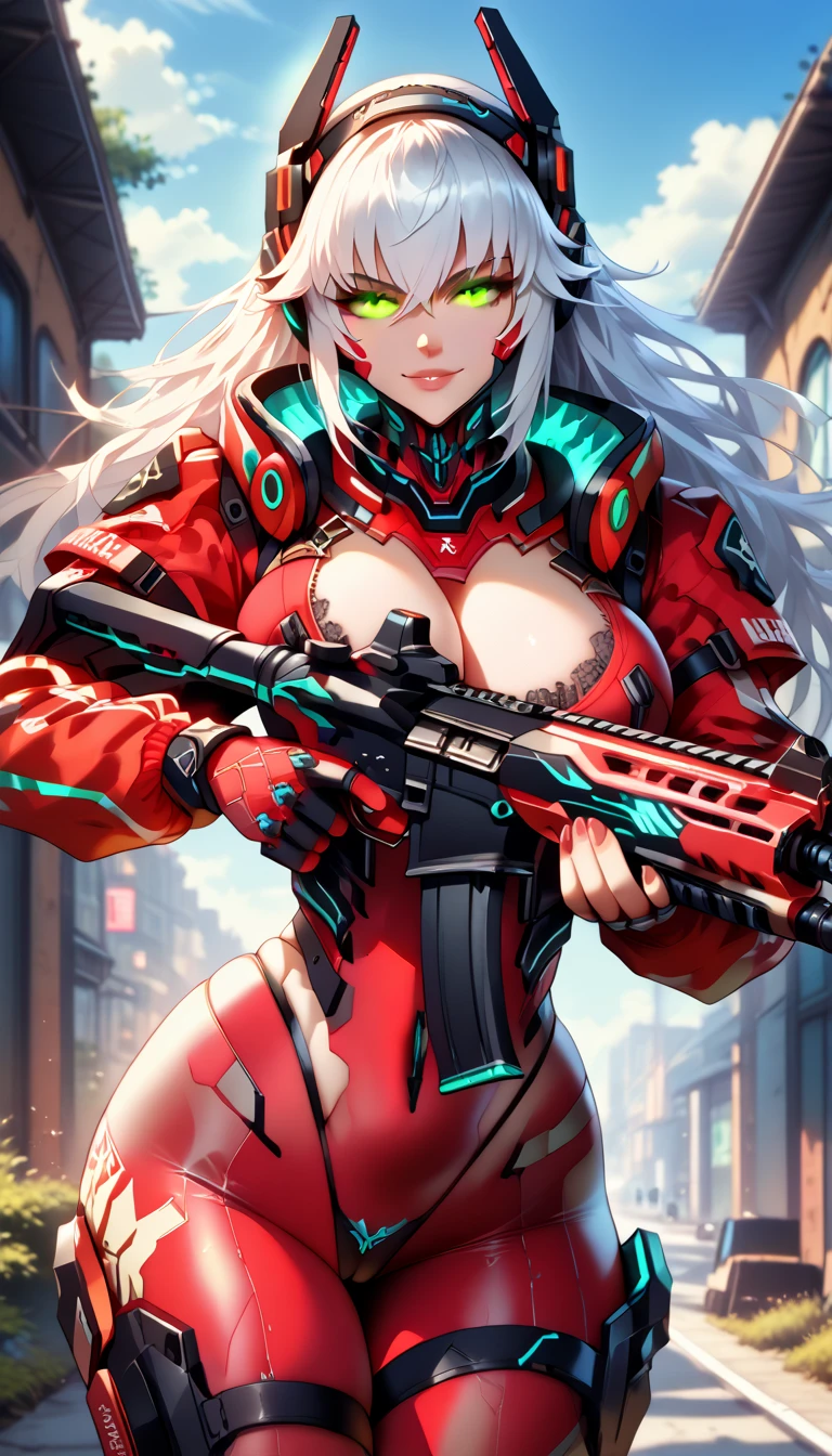 ultra-detailed, 1girl, solo, zentreya, zencyber, (masterpiece)), (best quality), (highres), 16K, yellow eyes, white hair, long hair, wearing tactical gear, black thong, busty body, large breasts and a beautiful ass, showcasing cleavage, legs, hips, (holding assault rifle), looking at viewer, detailed face, smile, detailed hair, detailed full body, street background