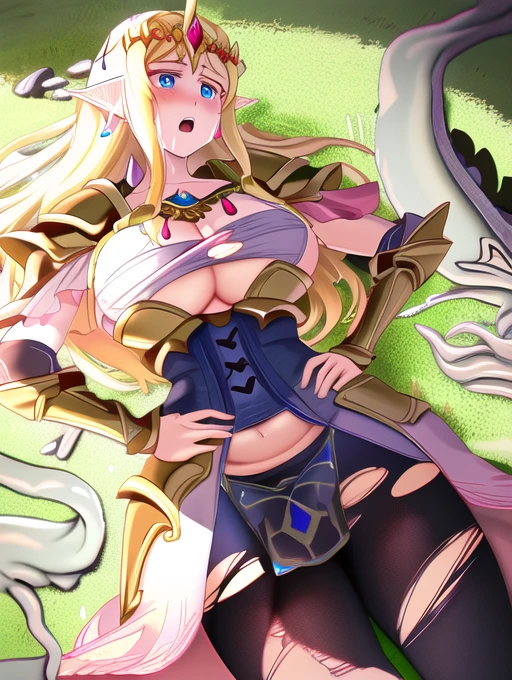 best quality, masterpiece, highres, detailed, perfect anatomy,  ZeldaHW, corset,  blonde hair, pointy ears, pink clothing, blue eyes, large breasts, 1girl, tiara, battlefield, medieval, holding sword, masterpiece, high quality, sad, hands on hip, masterpiece, torn clothes, side boob, laying down, back on ground, large hips, concerned, tears, boobs out, tits, thicc, tentacles, open mouth, exposed breasts, defeated, alot of skin, exposed skin, perky breasts, cut clothes, ripped clothes, tights, leggings, stocking,  weak, belly button, tight clothes, skin, high quality, wet clothing, see through clothes, transparent clothes, Thicc, broken armor, outside, raining, on back, solo, surrounded, tentacles grab wrists, cleavage, looking at viewer, view from above, armored dress, torn dress, broken breastplate, stockings, in pain, heart attack, agony, pantyhose, dead eyes