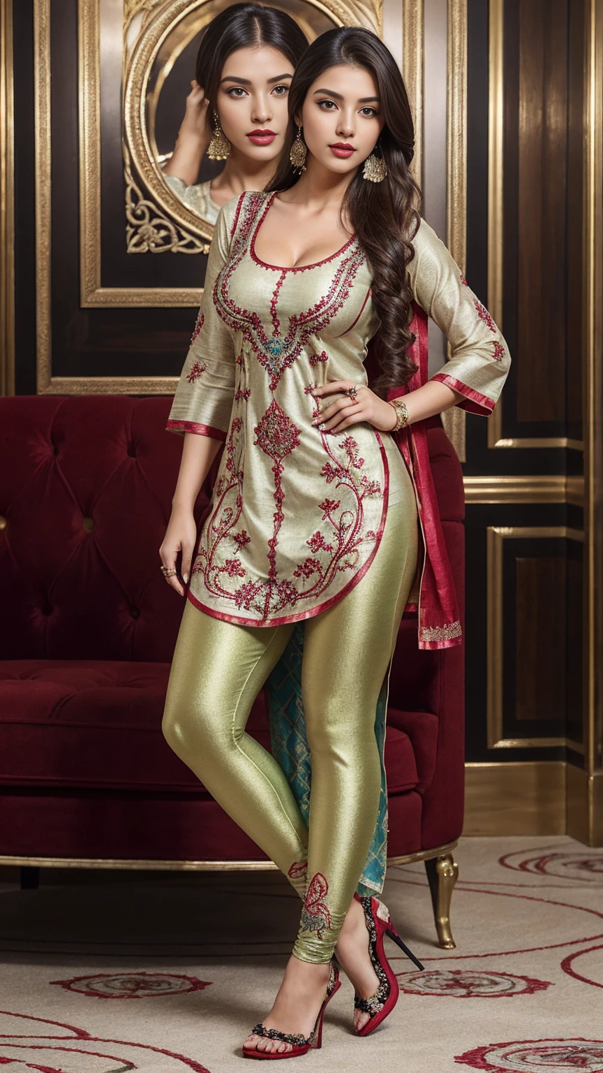 (A girl in luxury office), 1girl, solo girl, 20 year old girl,  (full body shot:1.5), (Masterpiece:1.2), (hyperrealistic, hyperdetailed), (looking at viewers), sharpen, ultra realistic face, detailed face, detailed eyes, detailed lips, red lips, beautiful face, 16k, FHD, raw photo, pretty face mesh, intricate, extremely detailed, ultra realistic texture, smooth skin, realistic face, glow lip, very_high_resolution, perfect figure, fit body, beautiful ponytail hair style, fancy hair ornaments, (attractive perky breast, perky breasts, perfect rounded breasts, long areola, cleavage), (attractive body figure), (fancy high heel), ((embroidery fancy kurta), (Sabyasachi embroidery dress), embroidery luxury kurta, fancy kurta, skinny sleeves, fancy leggings).
