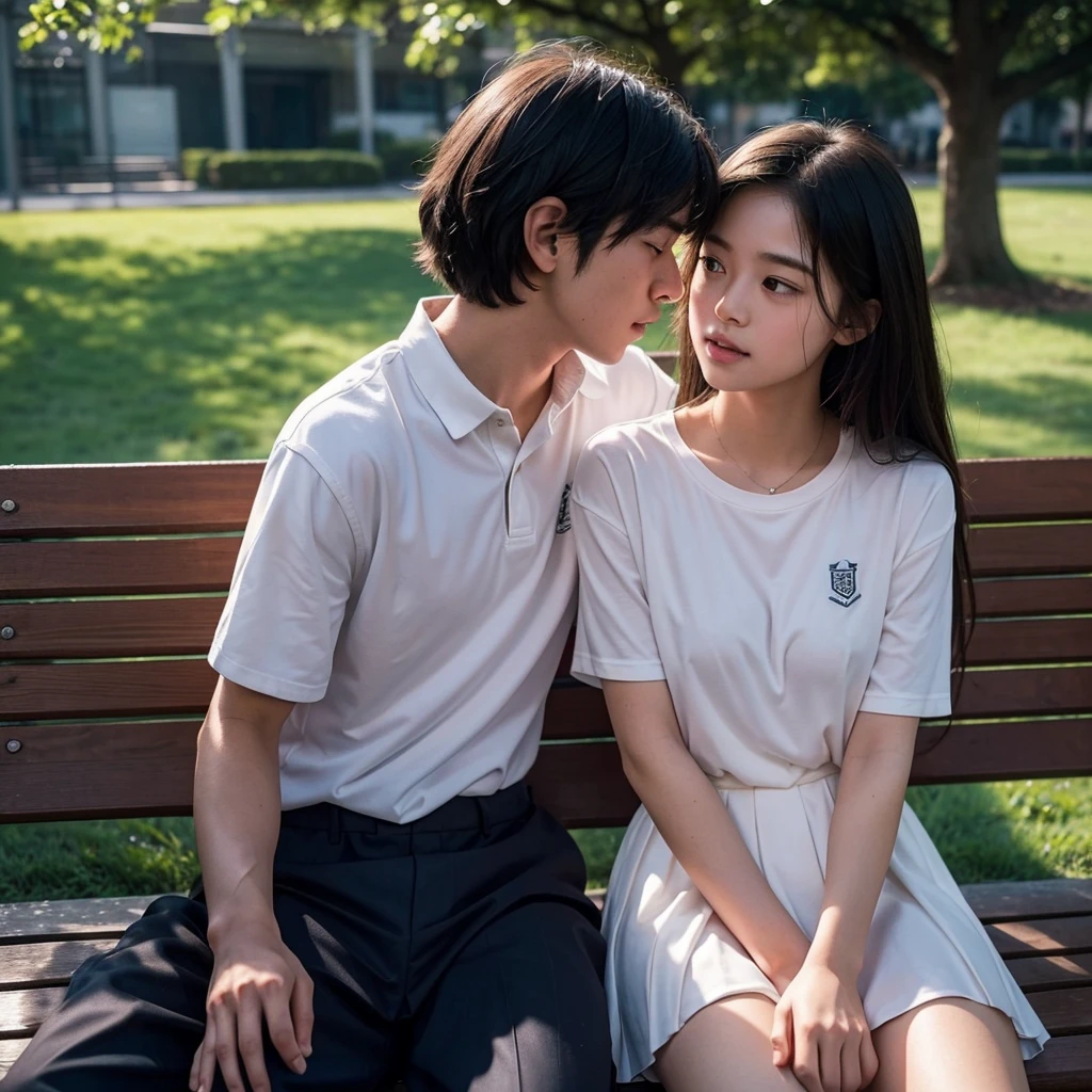 Realiy, realisticlying, movie picture quality, super detailing, Super quality, Super HD, One boy and one girl, (18yr old), Meet on campus, Boys and girls together, Sit on a bench and chat, Chinese face, Carrying a school bag, in school uniform, The face was full of joy, Real Photographics