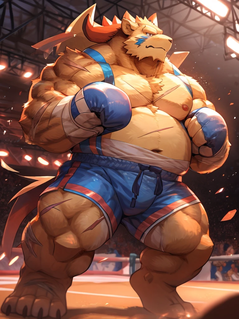 A rugged, heavyweight big belly fat body  man with a round, chubby ,scars, wearing a boxing gloves and boxing shorts, power-less environment, looking exhausted, surrounded by fluffy, furry garr with a blurred,boxing ring is background, highly detailed, high resolution, masterpiece quality image with dynamic lighting and vibrant colors, the man looks activated and disdainful, full body shot with a closed stance, in a comic book style, created by Takeuchi Arashi, Zixiong, Chuni, and Ghost of the Sky, set in boxing ring background