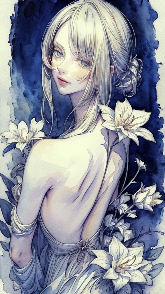 (​masterpiece),(top-quality:1.2),(  perfect anatomy  ), 1 girl,(Watercolor:1.0),(Hand-drawn:0.8),(watercolor brush hair ),Show me your back,Picturesque, paper texture , high definition , very detailed face in、 beautifully detailed blue eyes,Soft Tone,flat-colors,High contrast,Bokeh, movie lighting, beautiful woman, Silver Hair,Smile a little, white flower on background,White Lily(( fractal art))(( Big Breasts :0.9))