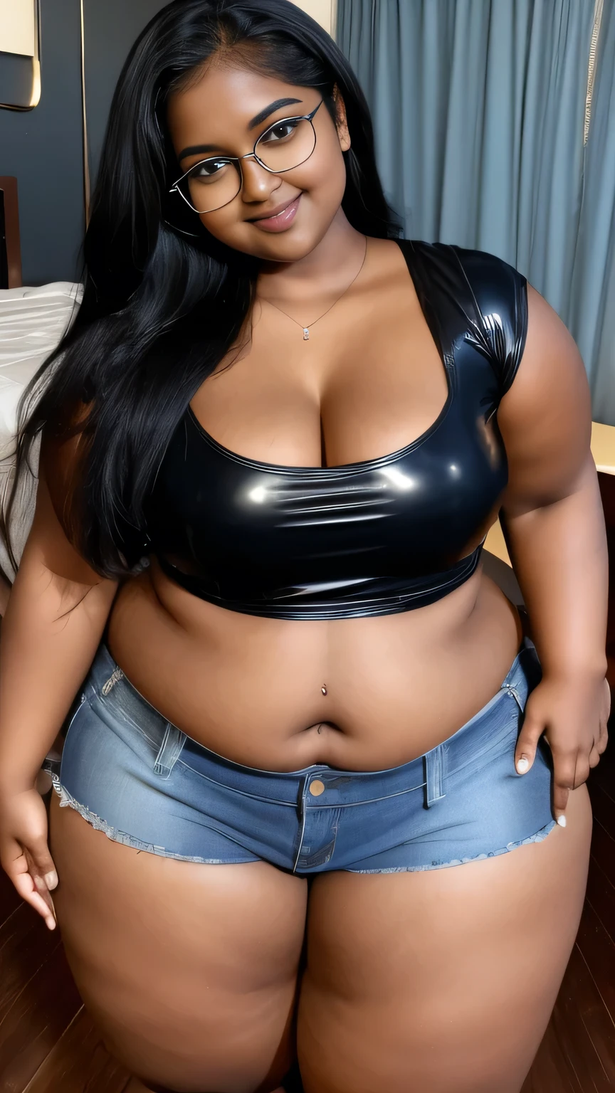 dark skinned woman with a black afro, and leather pants. Looking at the camera a seductive look in her eyes, curvy body, plump body, huge big ass, thick body, curvy body type, voluptuous body type, busty body type, thick body type, big chest, big