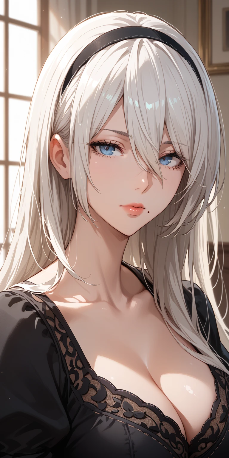 Score_9, Score_8_up, Score_7_up, Source_anime, anime art, anime style, very aesthetic, masterpiece, high quality, 1girl, seductive mature woman, milf, curvaceous, mole under mouth, casual housewife clothes, white hair, long hair, hair between eyes, expressionless, 2b, yorha no. 2 type b, home, soft light, portrait