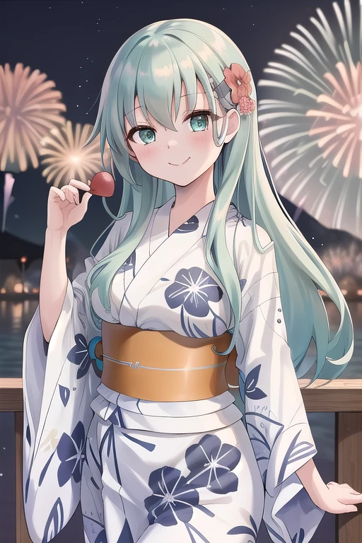   Masterpiece ,  best quality, ultra detailed , Suzuya Yukika ,  Aqua Hair, Aqua Eye,  long hair,  hair ornament,  hair flower,  wide sleeve, sash, heart, Floral print,White yukata , omatsuri, stall,  knight ,fireworks, Evil Smiles 