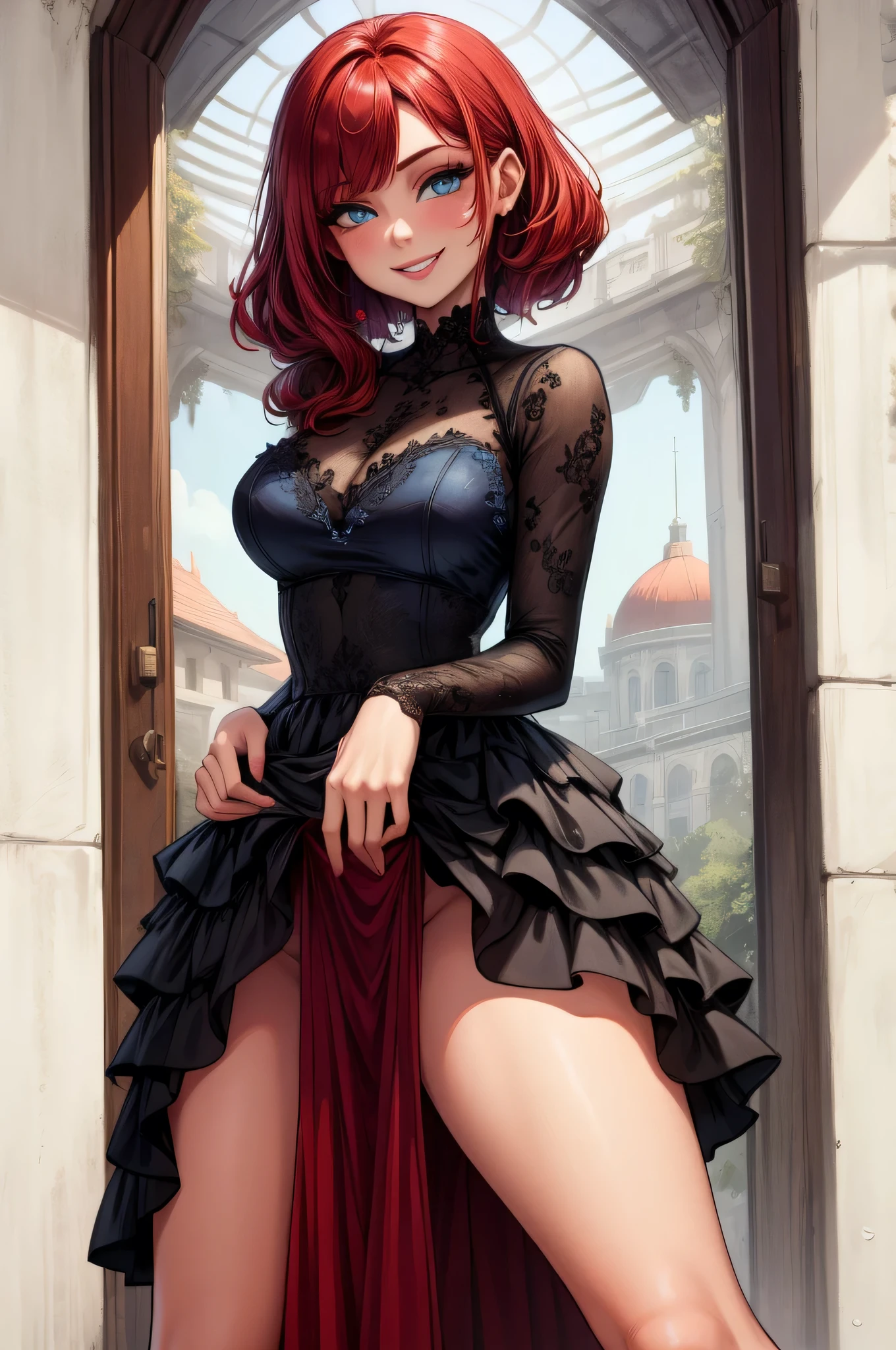 Excellent image, a young adult woman with bright makeup in a blue lace mini dress with open shoulders, with red hair, wearing high heel sandals, Hands in handcuffs, handcuffs on hands, wrists are cuffed, arrest, Hands handcuffed, Posing in full growth, playful smile, hands behind your back, feet shoulder width apart, handcuffs with long chain on legs, anime