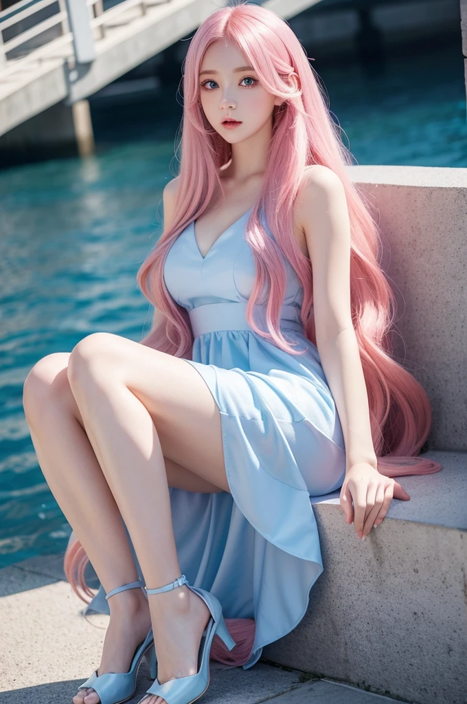 mature female anime, long pink hair, blue eyes, slim figure, beautiful smile, elegant party night dress, 4k resolution
