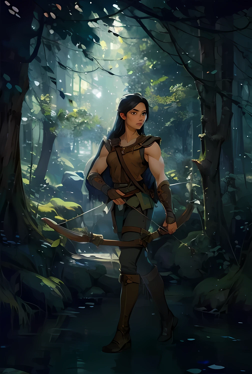 A full image of beautiful muscular woman archer, wearing leather, carrying a bow. serene forest, slightly bluish hue, very beautiful. Soft, whimsical forest as a background with a teal hue. DND artstyle, not realisitc, artistic、high definition detail、hyper-detailing、cinematic ligh、ultra-realistic realism、softlighting、Deep field focus bokeh、Ray traching、ultra-realistic realism, DnD arstyle DND artstyle, not realisitc, artistic、high definition detail、hyper-detailing、cinematic ligh、ultra-realistic realism、softlighting、Deep field focus bokeh、Ray traching DnD arstyle, digital brush strokes. ((Best Quality, 8K, Masterpiece: 1.3)), oil painting still life, iwith light filtering through dense trees and casting intricate shadows on the ground.