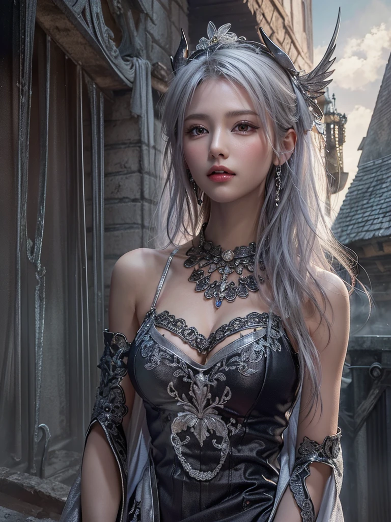 image Korean woman in her twenty fifth year wearing a gothic outfit her hair is made up with silver strands intertwine with her hair a moody background of spikes darkness spirals behind the mist hanging in the garden in the evening