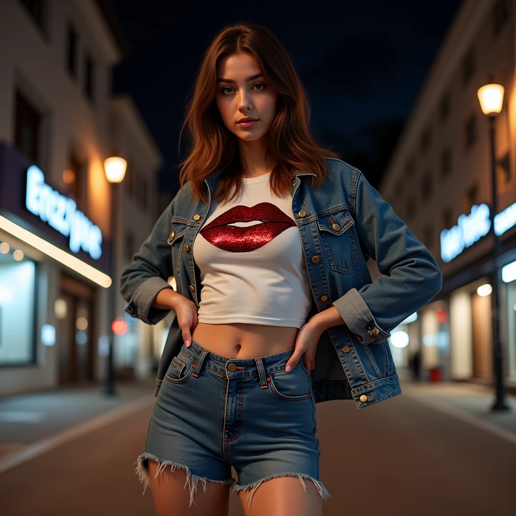 Photograph of Isabella posing in a denim mini skirt , , a white t-shirt with a sexy red sequin lip print and a short denim jacket., The scene takes place at night ,  the lights are on as are the building lights , Urban scene, brown hair, white skin,hazel eyes, UHD,  masterpiece , 8k hyperrealistic, low angle shot