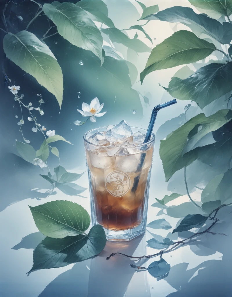 signature, cup, no humans, leaf, ice, drinking straw, drink, still life