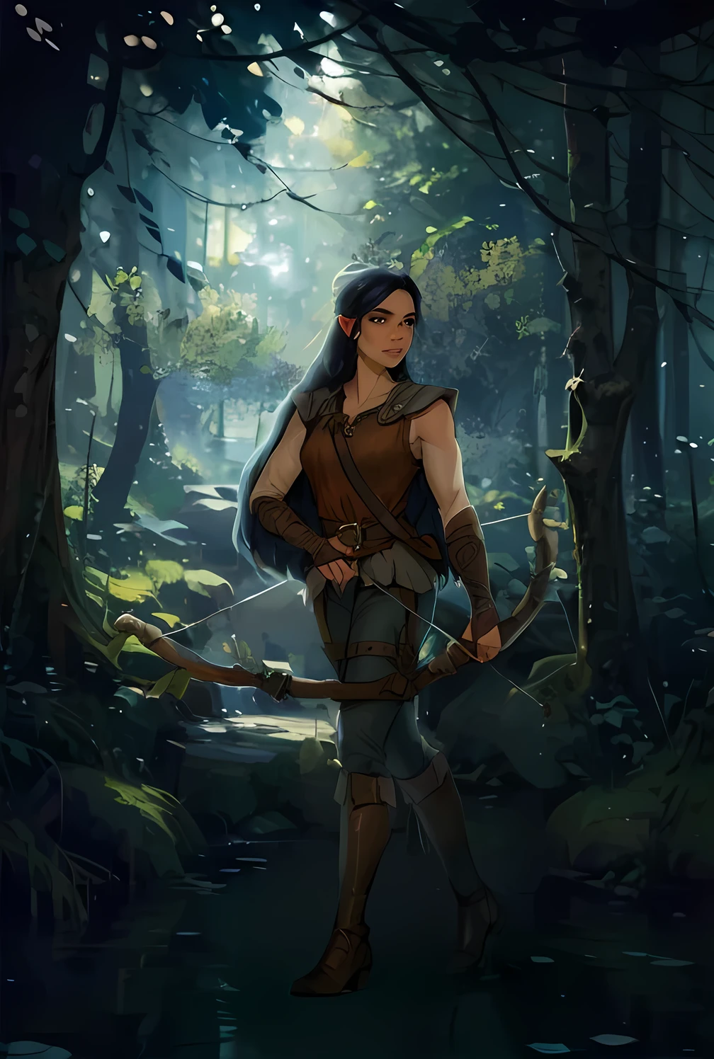 A full image of beautiful muscular woman archer, wearing leather, carrying a bow. serene forest, slightly bluish hue, very beautiful. Soft, whimsical forest as a background with a teal hue. DND artstyle, not realisitc, artistic、high definition detail、hyper-detailing、cinematic ligh、ultra-realistic realism、softlighting、Deep field focus bokeh、Ray traching、ultra-realistic realism, DnD arstyle DND artstyle, not realisitc, artistic、high definition detail、hyper-detailing、cinematic ligh、ultra-realistic realism、softlighting、Deep field focus bokeh、Ray traching DnD arstyle, digital brush strokes. ((Best Quality, 8K, Masterpiece: 1.3)), oil painting still life, iwith light filtering through dense trees and casting intricate shadows on the ground.