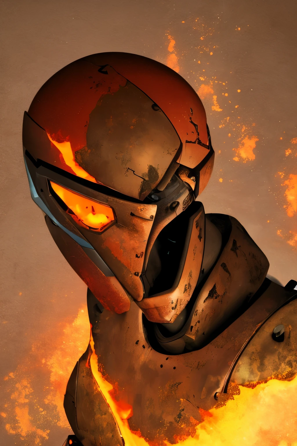 An old robot, scuff ,  rust ,  brown body ,  Body covered in fire ,  The head looks like a skull on fire. 