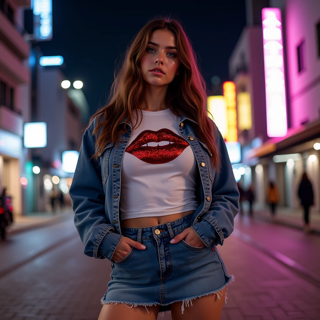 Photograph of Isabella posing in a denim mini skirt , , a white t-shirt with a sexy red sequin lip print and a short denim jacket., The scene takes place at night ,  the lights are on as are the building lights , Urban scene, brown hair, white skin,hazel eyes, UHD,  masterpiece , 8k hyperrealistic, Photograph taken from below 