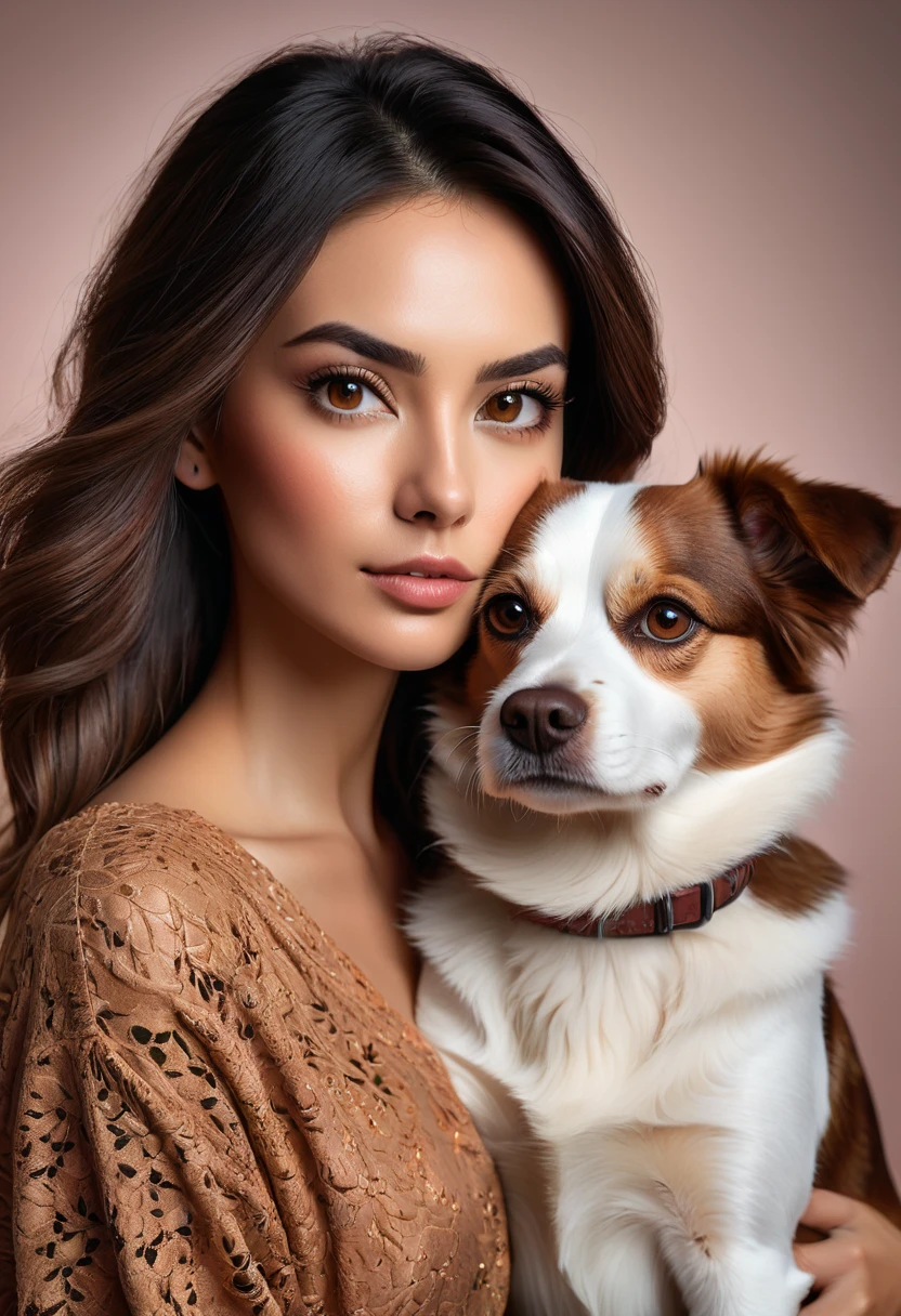 Portrait of a beautiful woman with brown eyes and her dog, a half-body shot, with detailed skin texture, studio lighting, in the style of beauty portrait photography, high-resolution photography, hyper-realistic, highly focused. The camera used is a Canon EOS R6 Mark II Mirrorless. --ar 85:128 --style raw --personalize dszmtld --v 6.1