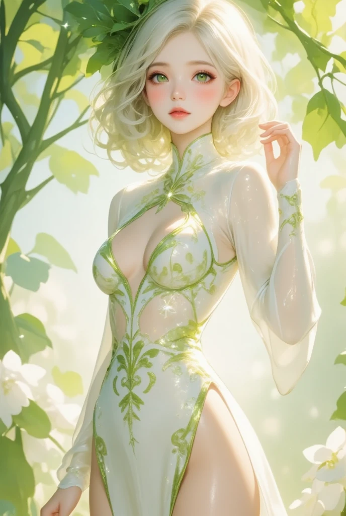 a tsundere character inspired by a daikon radish fairy, appearing as a confident yet slightly shy young woman around 20 years old. She has a slender, feminine figure with smooth, porcelain-like skin that glows softly under the light, exuding both elegance and charm. Her hair is shoulder-length, slightly wavy, and pure white with a subtle green gradient at the tips, resembling the leaves of a daikon radish. A small, delicate leafy hair accessory sits on one side, adding a whimsical touch.

Her eyes are slightly almond-shaped, large, and expressive, with a captivating gradient of emerald green to soft lime. Intricate, faintly glowing star-like patterns shimmer in her irises, enhancing her magical aura. Long, dark, feathery eyelashes frame her eyes, emphasizing their alluring and tsundere expression. Her lips are soft and naturally pink, slightly parted as if caught mid-reaction, and subtly glossy, giving her a touch of sophistication.

Her attire is a flowing, custom-fitted white gown inspired by the sleek and smooth texture of a daikon radish. The gown hugs her figure gracefully, with an elegant thigh-high slit revealing her long legs, and intricate green embroidery along the neckline, hem, and sleeves, inspired by radish leaves and flowers. She stands with a slightly defensive posture, one hand on her hip, the other brushing her hair away as she blushes faintly, giving off a mix of confidence and tsundere shyness.

The background is abstract, featuring soft, blurred gradients of white, green, and pale yellow, resembling a bokeh effect. Delicate, glowing daikon leaves and translucent white radish flowers float across the scene, creating a dreamlike, magical atmosphere. The overall vibe is a combination of refined beauty, tsundere charm, and whimsical elegance.