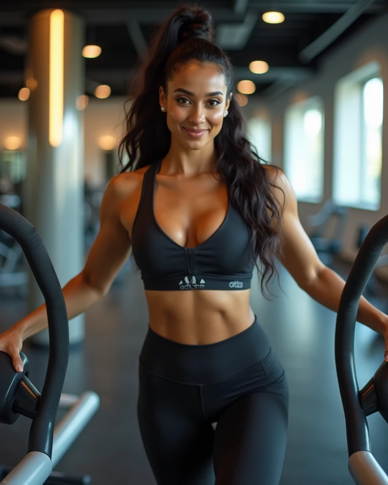  A white girl with curly hair and   and white skin workout in gym 
