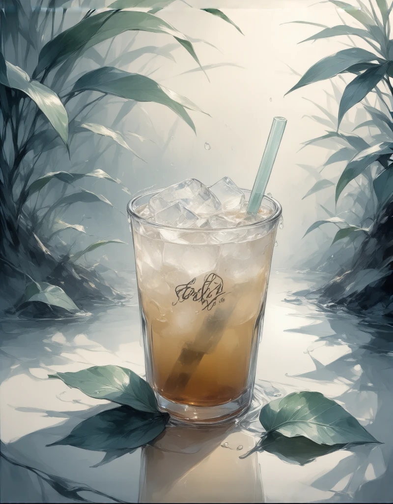 signature, cup, no humans, leaf, ice, drinking straw, drink, still life