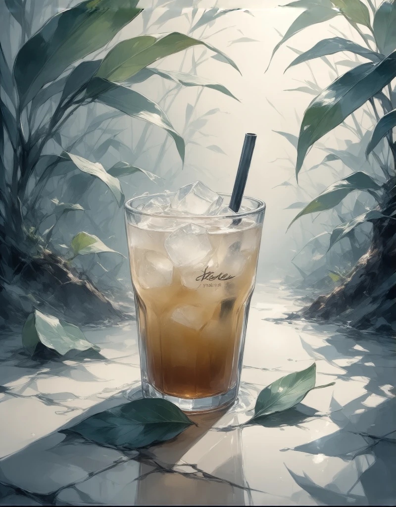 signature, cup, no humans, leaf, ice, drinking straw, drink, still life