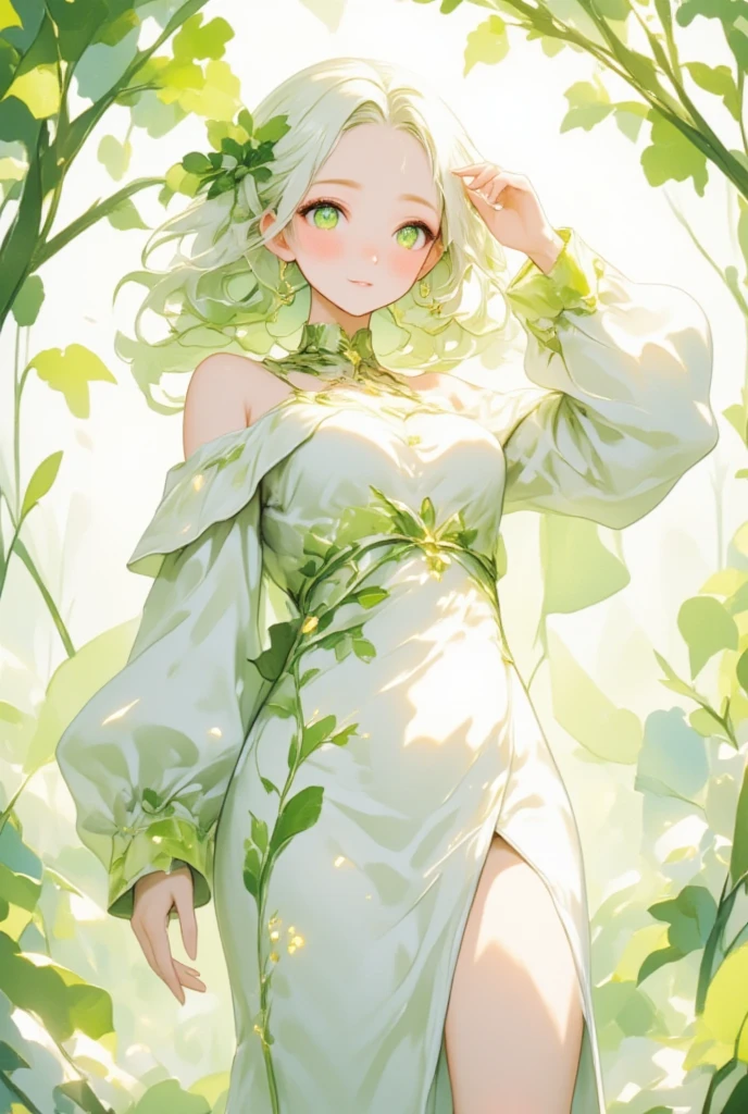 a tsundere character inspired by a daikon radish fairy, appearing as a confident yet slightly shy young woman around 20 years old. She has a slender, feminine figure with smooth, porcelain-like skin that glows softly under the light, exuding both elegance and charm. Her hair is shoulder-length, slightly wavy, and pure white with a subtle green gradient at the tips, resembling the leaves of a daikon radish. A small, delicate leafy hair accessory sits on one side, adding a whimsical touch.

Her eyes are slightly almond-shaped, large, and expressive, with a captivating gradient of emerald green to soft lime. Intricate, faintly glowing star-like patterns shimmer in her irises, enhancing her magical aura. Long, dark, feathery eyelashes frame her eyes, emphasizing their alluring and tsundere expression. Her lips are soft and naturally pink, slightly parted as if caught mid-reaction, and subtly glossy, giving her a touch of sophistication.

Her attire is a flowing, custom-fitted white gown inspired by the sleek and smooth texture of a daikon radish. The gown hugs her figure gracefully, with an elegant thigh-high slit revealing her long legs, and intricate green embroidery along the neckline, hem, and sleeves, inspired by radish leaves and flowers. She stands with a slightly defensive posture, one hand on her hip, the other brushing her hair away as she blushes faintly, giving off a mix of confidence and tsundere shyness.

The background is abstract, featuring soft, blurred gradients of white, green, and pale yellow, resembling a bokeh effect. Delicate, glowing daikon leaves and translucent white radish flowers float across the scene, creating a dreamlike, magical atmosphere. The overall vibe is a combination of refined beauty, tsundere charm, and whimsical elegance.