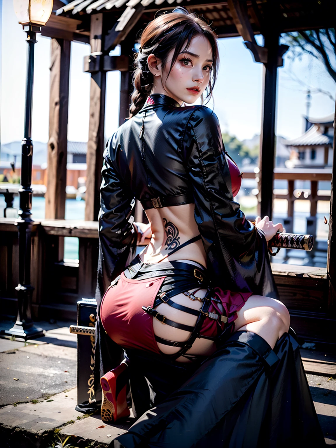 Create an ultra-detailed 8k manga illustration of a young battoujutsu woman in a seductive pose against a bar. She is lying on the bar floor, her right hand lifting her skirt (skirt lift:1.5), knees bent, and her body leaning slightly forward. The pose conveys a mix of vulnerability and strength, paired with a subtly provocative expression—parted lips and a bold, contemplative gaze. She wears a sheer knit top that reveals a lace bra underneath, sheer fabric revealing her breasts and nipples, a long unzipped leopard patterns coat draped around her hips, and red bikini visible as she lifts her skirt. A black choker highlights her slender neck, while black open-toe platform sandals complete her daring look. A finely crafted katana sword in her hand, its blade gleaming under the glow of blue neon light. The katana's ornate hilt and intricate carvings complement the samurai-themed tattoos on her body, which depict a fierce warrior in bold Japanese art style, extending across her back and upper arms. The tattoos subtly glow under the light, adding depth and mystery to the composition. The scene is rendered with vivid hues, cinematic lighting, and intense shading, enhancing the dramatic mood. Shallow depth of field and a soft vignette bring focus to the character and katana, completing the captivating, dynamic composition.