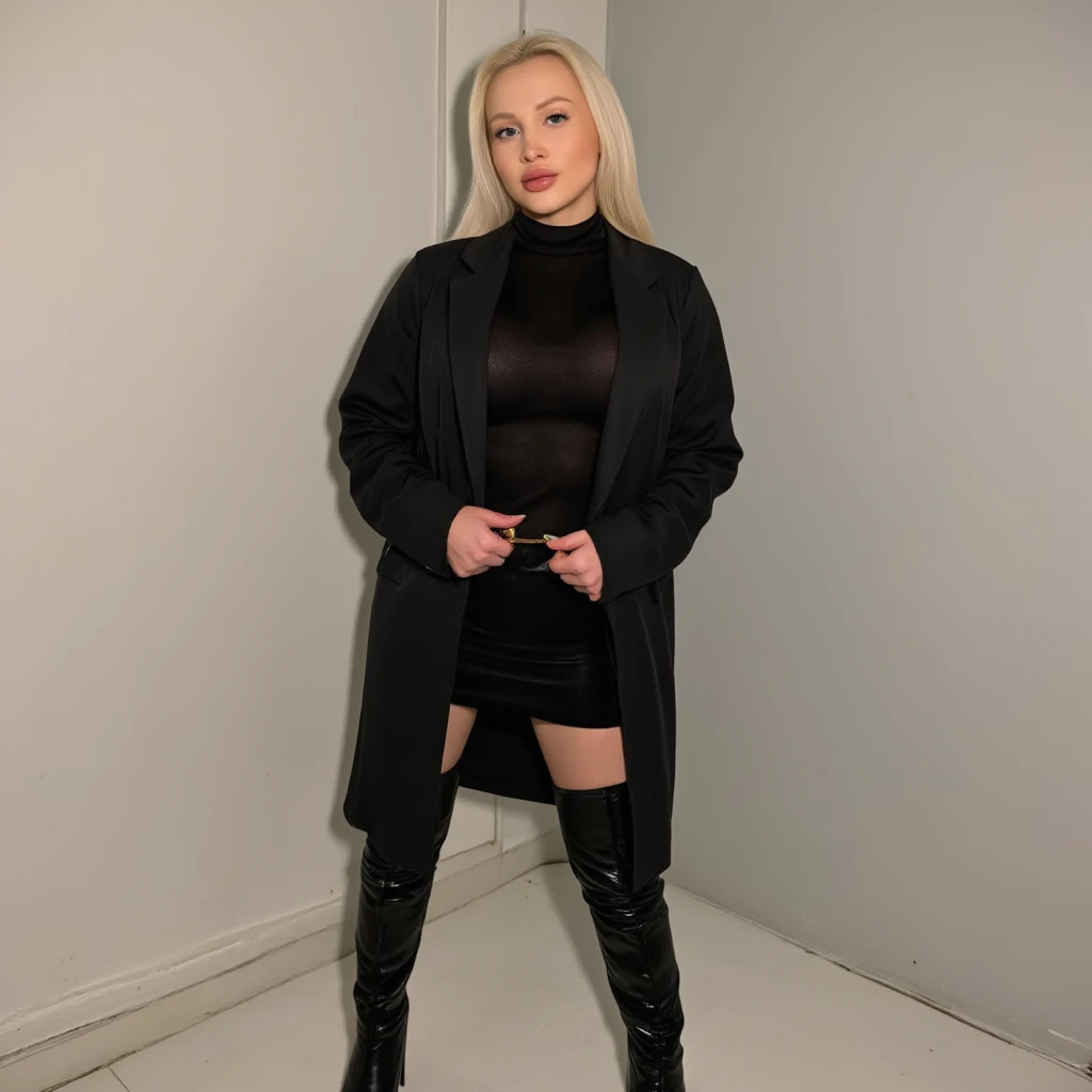 (8K, HDR, highres), ((((Photography, RAW photo, hyperrealism, masterpiece, best quality, ultra highres)))),Kylie Jenner is wearing a black turtleneck , black pants , and black thigh-high boots . She is also wearing an oversized black coat and a gold belt
