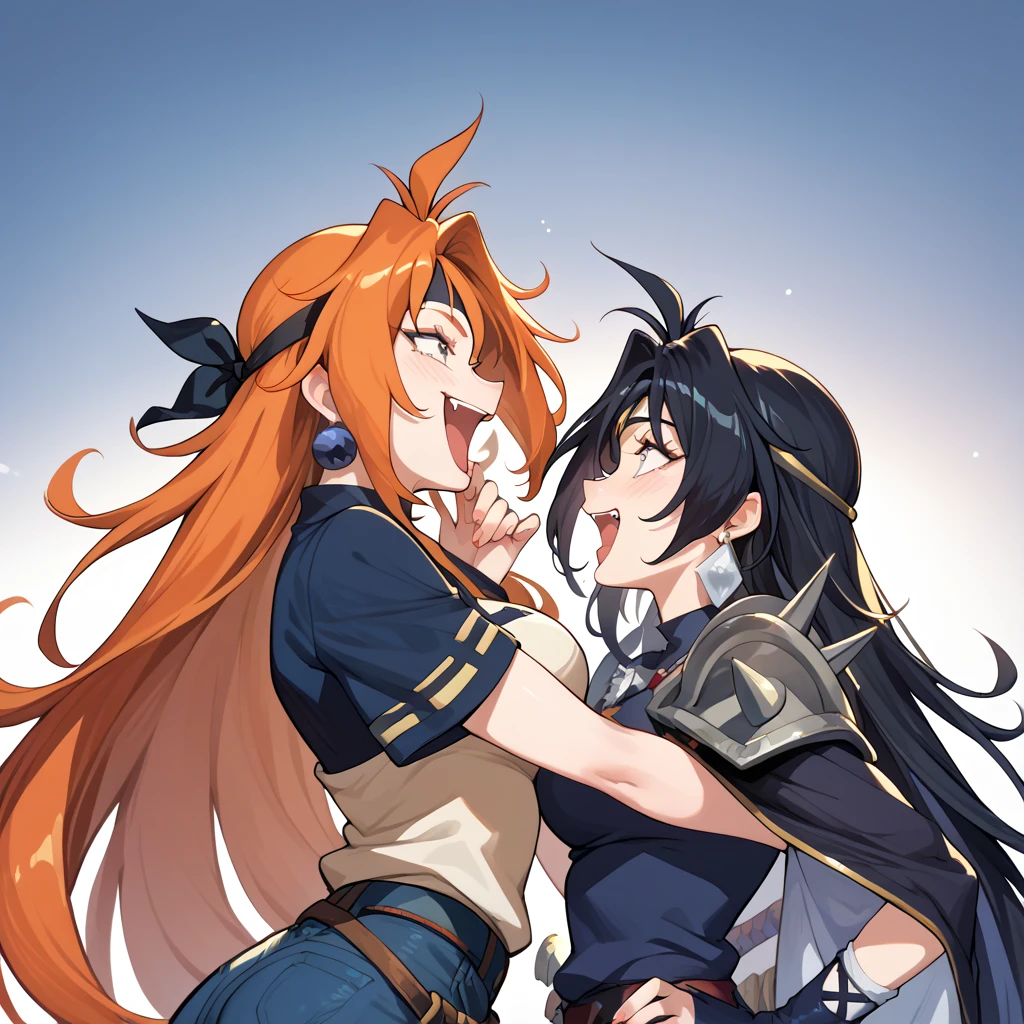 (best quality),(high resolution),2girls,(LNDP-tvs and NSFW_Naga_ownwaifu),BREAK,(headband, orange hair, long hair, fang),BREAK,(black hair,very long hair)