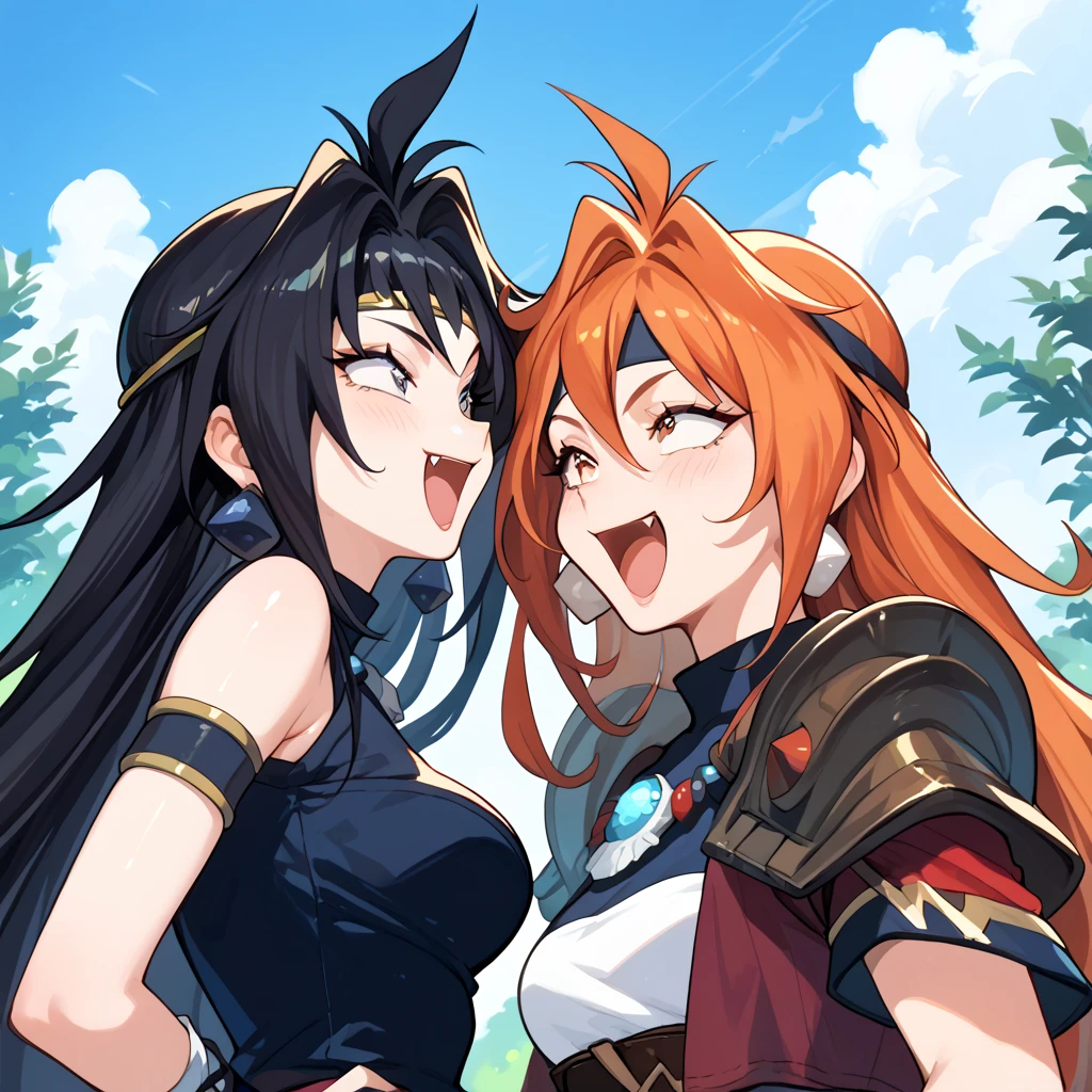 (best quality),(high resolution),2girls,(LNDP-tvs and NSFW_Naga_ownwaifu),BREAK,(headband, orange hair, long hair, fang),BREAK,(black hair,very long hair)