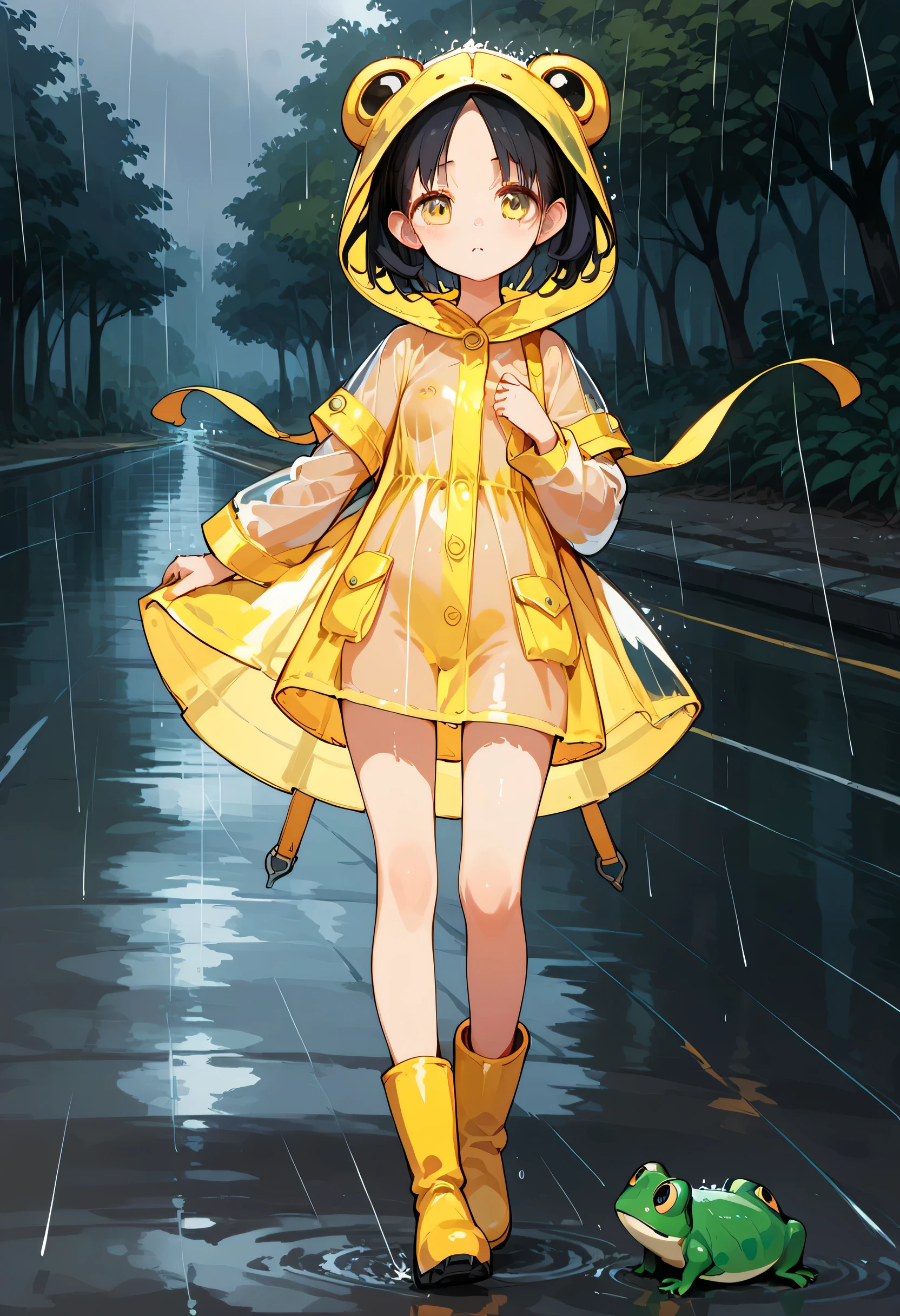 1girl,solo,li,10yearsold,short stature,((flat breasts)),black hair,short hair,bow-shaped hair,parted bangs,yellow eyes,frog raincoat,put on hood,button closed raincoat,see-through raincoat,rain boots,ridge road,rainy,