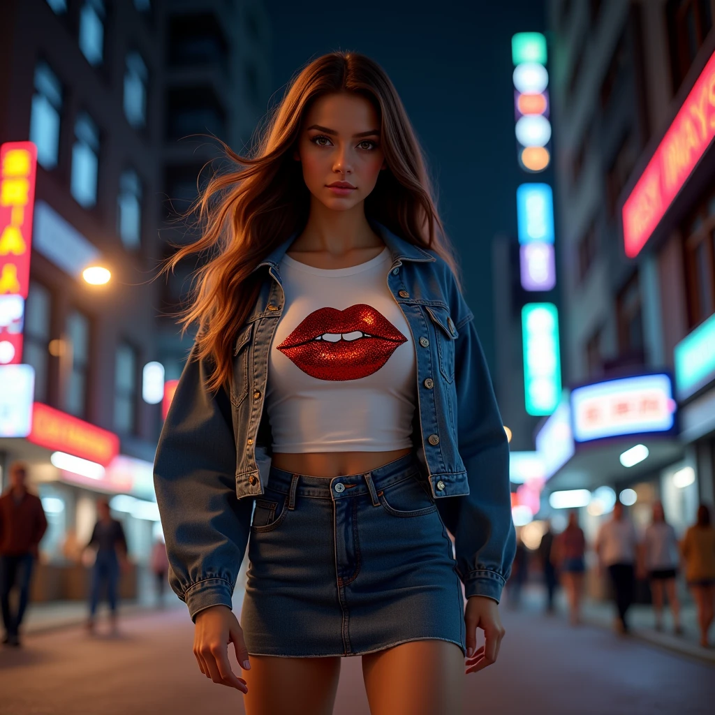 Low-angle shot of Isabella posing in a denim mini skirt, , a white t-shirt with a sexy red sequin lip print and a short denim jacket., The scene takes place at night ,  the lights are on as are the building lights , Urban scene, brown hair, white skin,hazel eyes, UHD,  masterpiece , 8k hyperrealistic 