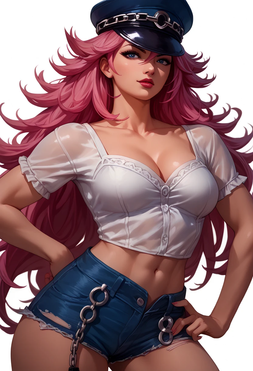 ((poison)) street fighter, ((Aletta Ocean's face)), pink hair, chest, ((white blouse)), denim shorts, police cap, waifu - frivolity - body language, beautiful and perfect face, super realism, kawaii, zbrush, super realistic oil, anime style, contouring and shading process - ((waiting to start))