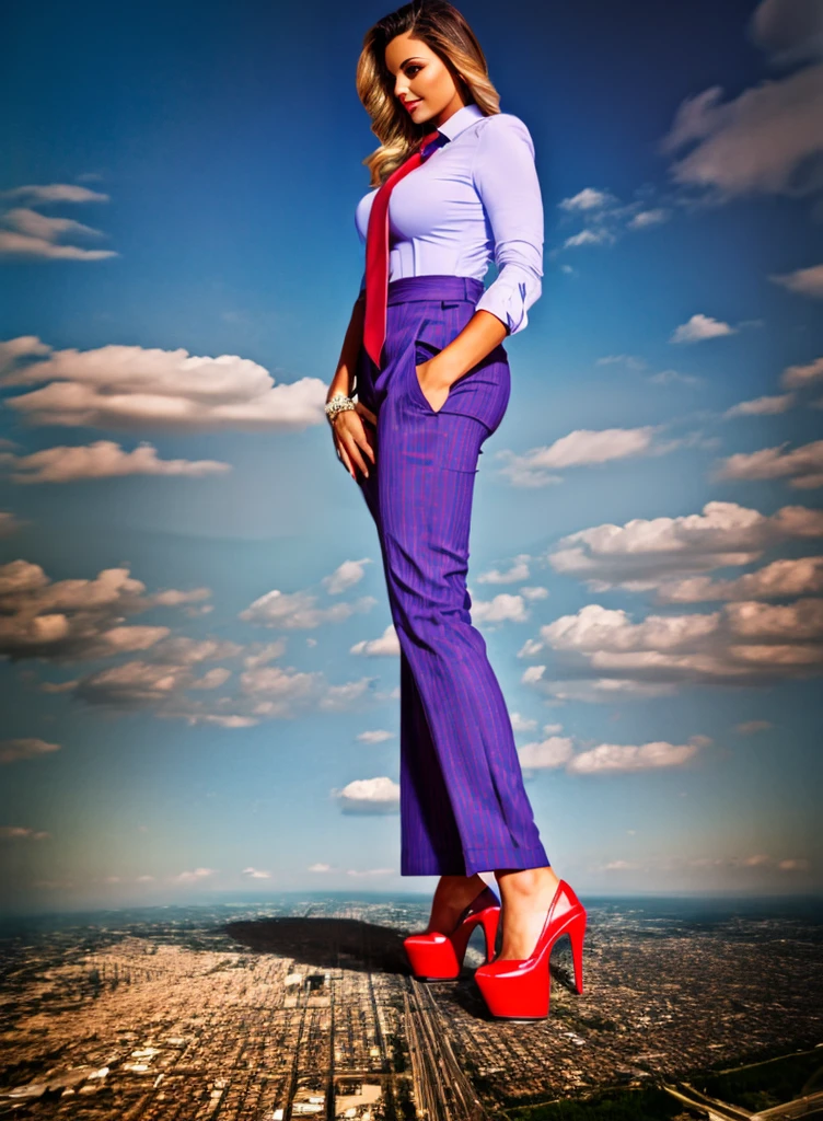 Giantess art, (towering over a planet 1000’s of miles tall) A stylish 10 mile tall giant woman in a light grey pinstriped trousers, white shirt, and a large wide purple necktie in a windsor knot, with a beautiful, curvaceous figure, massive breasts, and long blonde wavy hair, with a curvaceous figure and natrual breasts. wearing red rounded platform high heels with uncovered feet and standing, rampage-like pose, with a cityscape background of mega-city, partially obscured by a hazy, cloudy atmosphere. The image is a high-resolution, masterpiece-quality, cinematic, ultra-detailed, and hyper-photorealistic photograph, with perfect hands, face, and lighting. ultra-detailed, 8K, photo-realistic, hyper-realistic, masterpiece, intricate details, full body view. Looking at camera, The image is a high-resolution, masterpiece-quality, cinematic, ultra-detailed, and hyper-photorealistic photograph, with perfect hands, face, and lighting. ultra-detailed, 8K, photo-realistic, hyper-realistic, masterpiece, intricate details, full body view