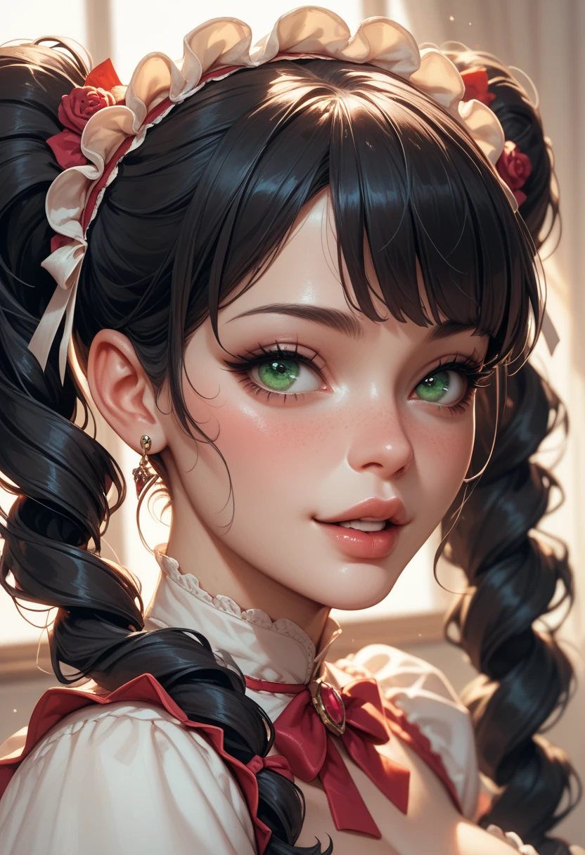 ((best quality, portrait, detailed face)), ((masterpiece)), (detailed), 1girl, Katheryne, bangs, maid, maid headdress, green dress, <lora:Katheryne:0.9>