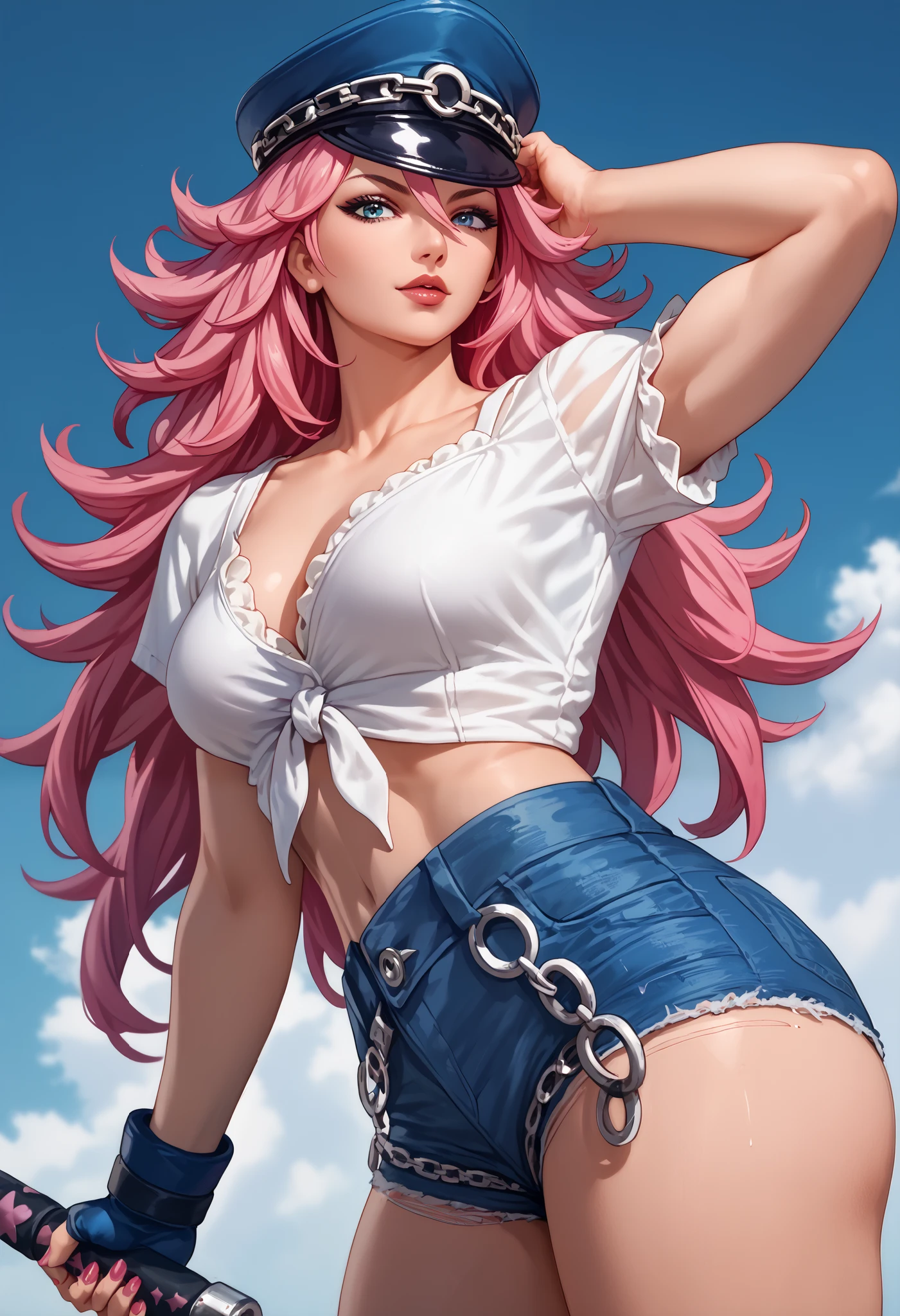 ((poison)) street fighter, ((Aletta Ocean's face)), pink hair, chest, ((white blouse)), denim shorts, police cap, waifu - frivolity - body language, beautiful and perfect face, super realism, kawaii, zbrush, super realistic oil, anime style, contouring and shading process - ((waiting to start))