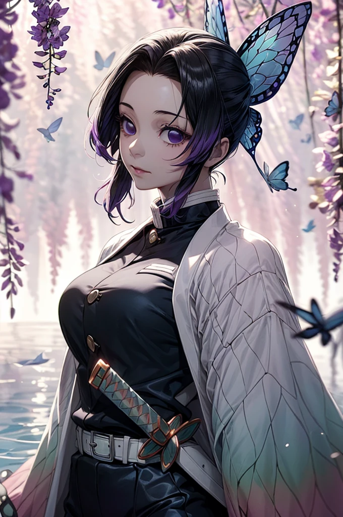 Ultra-realistic 8K CG,masterpiece,((Ultra detailed backgrounds,delicate patterns,Complicated details)),Best quality at best,very vey very detailed face,very detailed eyes and faces,Very detailed eyes,Kochou Shinobu,O cabelo multicolorido,No bangs,hair intakes,Purple eye,Forehead, butterflys ,solo ,tchibi,Tyndall effect , (playboy_bunny_girl:1.2),(casino_background)