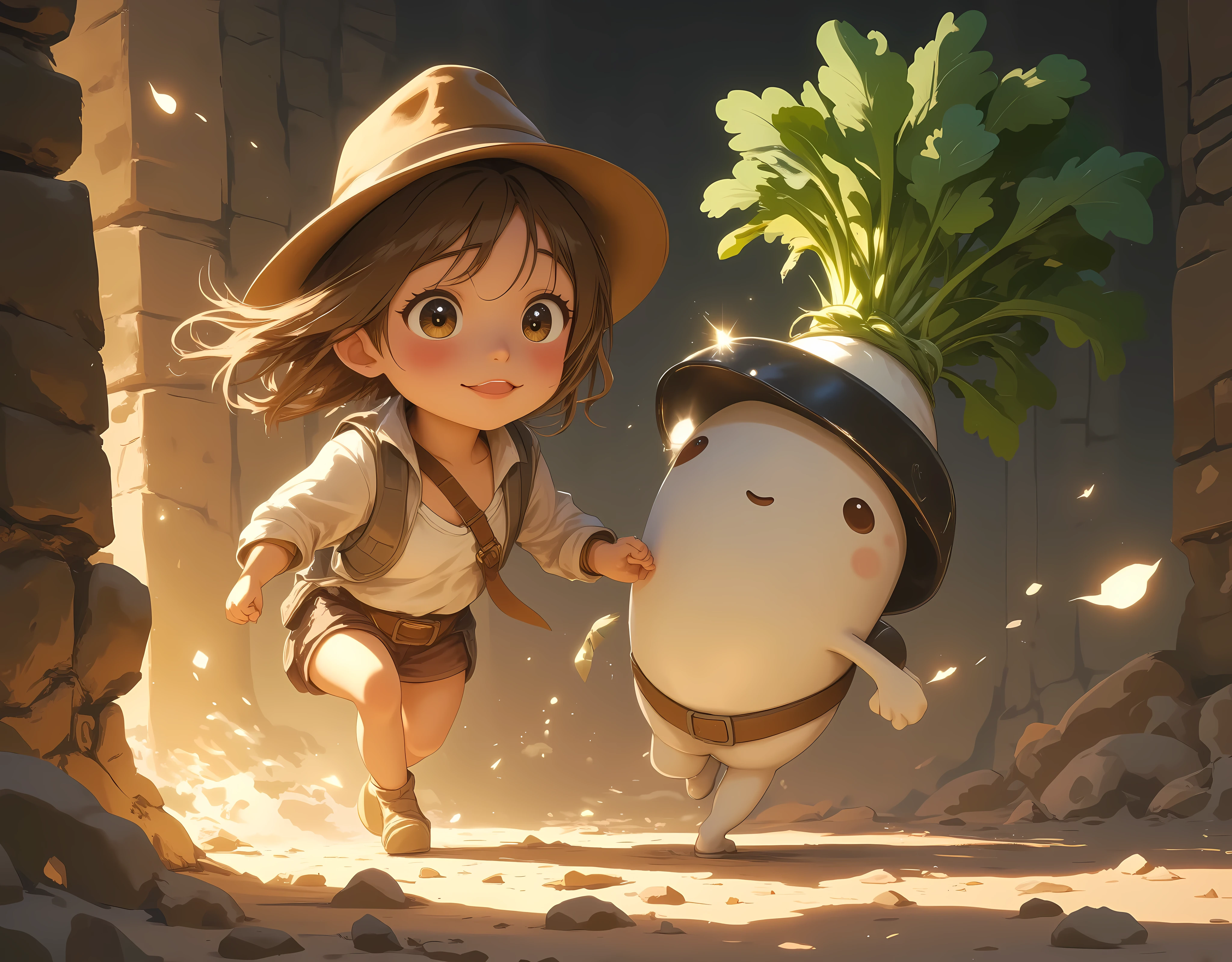 ancient ruins, 1girl, Adventurer Girl,  cute daikon wearing a helmet,  run through the maze holding hands, The ground is falling down :1.3, collapse,  running away with an inevitable expression , sweat, I&#39;m nervous, ２d illustration,  expresses a sense of speed, Indiana Jones,  comical , Torchlight on the wall ,  beautiful light source, ((UHD, masterpiece, textured skin, high details, best quality,  highres icon))