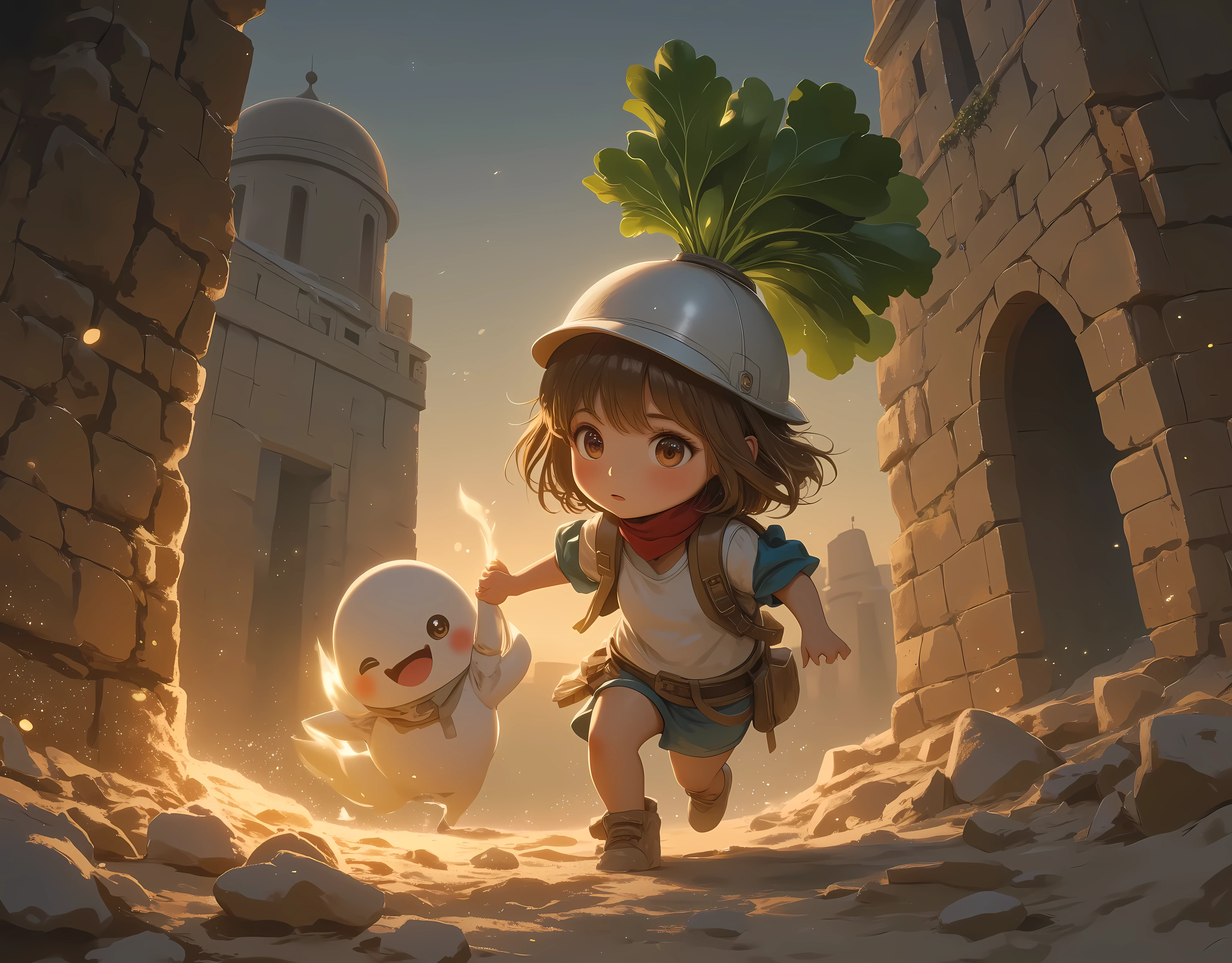 ancient ruins, 1girl, Adventurer Girl,  cute daikon wearing a helmet,  run through the maze holding hands, The ground is falling down :1.3, The collapse of the ceiling:1.3, Desperate look, dash, sweat, I&#39;m nervous, ２d illustration,  expresses a sense of speed, Indiana Jones,  comical , Torchlight on the wall ,  beautiful light source, ((anatomically correct, UHD, masterpiece, textured skin, high details, best quality,  highres icon))