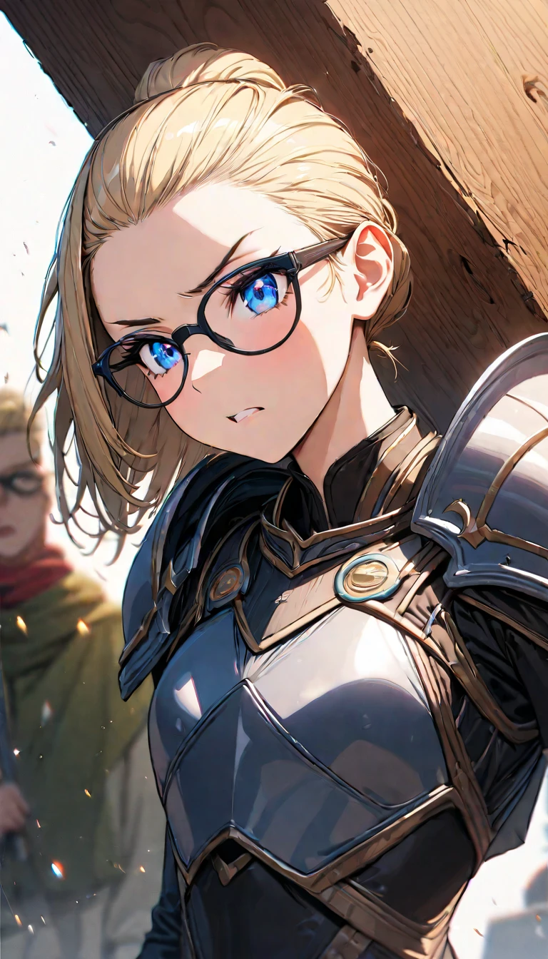 Speedy Shot,(Top quality masterpiece),detailed,ultra detailed,hyper detailed,insanely detailed,Exquisite,Beautiful Full HD,16k,cute,Fantasy,A vibrant academic community,Soft line design,Soft　Surface,Simple line drawing,The best light,Fast Shutter Speed,  depth of border described,Highly saturated colors,BREAK,
(12yo),skinny,flat chested,(forehead,hair slicked back:1.3),Beautiful blonde hair,(blue eyes),(black nodoka glasses),thick bluish eyeshadow, thin eyebrows, thick black eyeliner, Highlighted eyes with eyeliner, false eyelashes,BREAK,
wears armor, angry, glares,have a gigantic wooden hammer