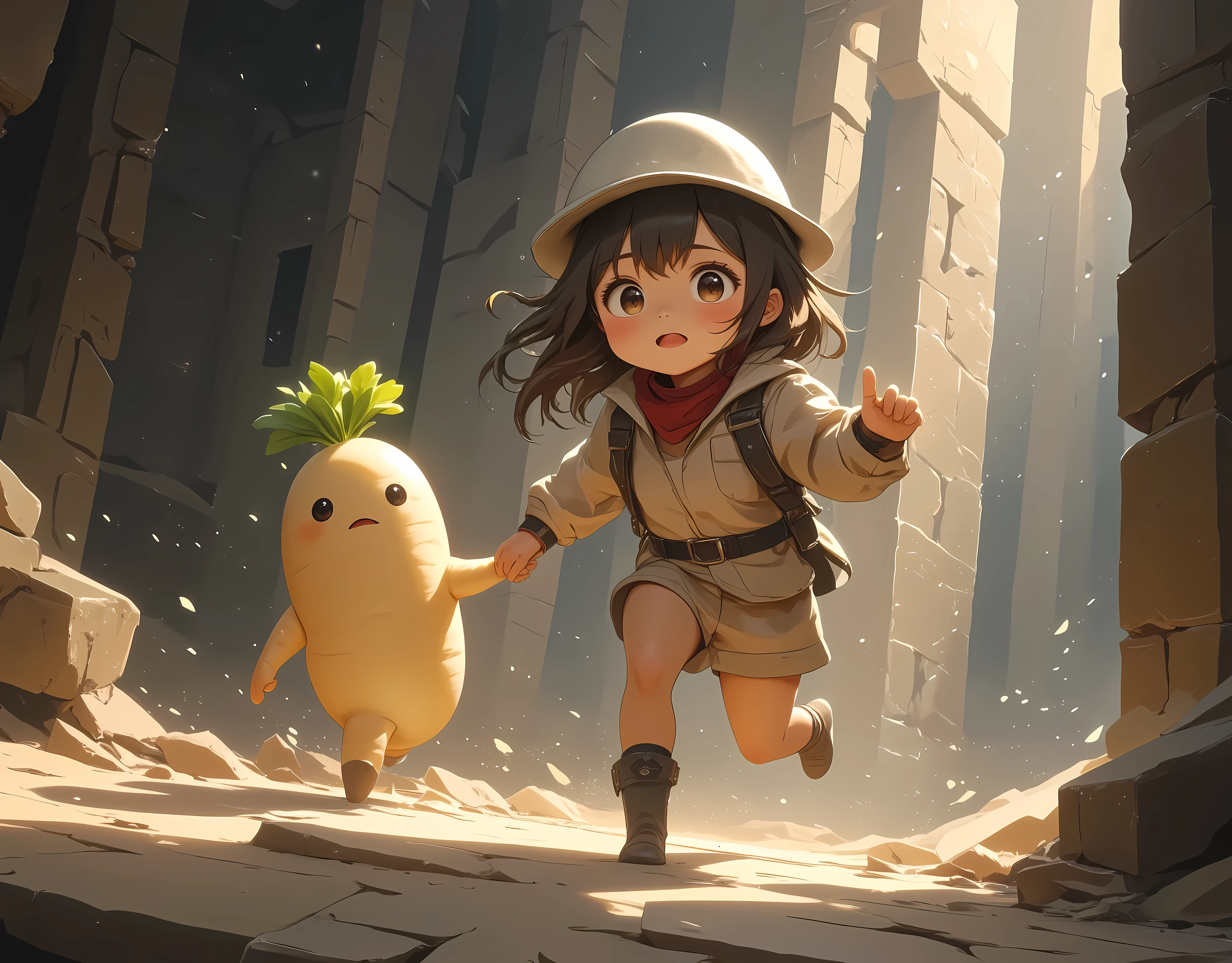 ancient ruins, 1girl, Adventurer Girl,  cute daikon wearing a helmet,  run through the maze holding hands, The ground is falling down :1.3, The collapse of the ceiling:1.3, Desperate look, dash, sweat, I&#39;m nervous, ２d illustration,  expresses a sense of speed, Indiana Jones,  comical , Torchlight on the wall ,  beautiful light source, ((anatomically correct, UHD, masterpiece, textured skin, high details, best quality,  highres icon))